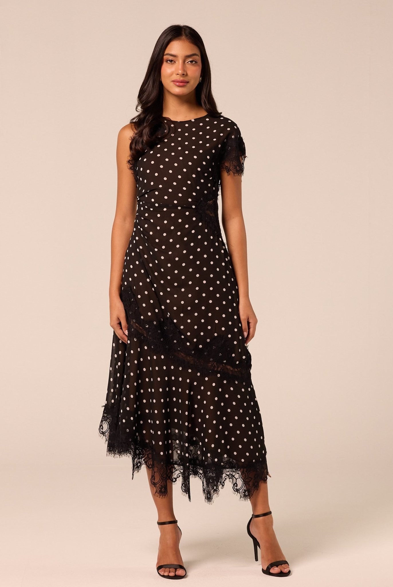 Polka Dot Chiffon Midi Dress with Lace Inserts - shopaleena