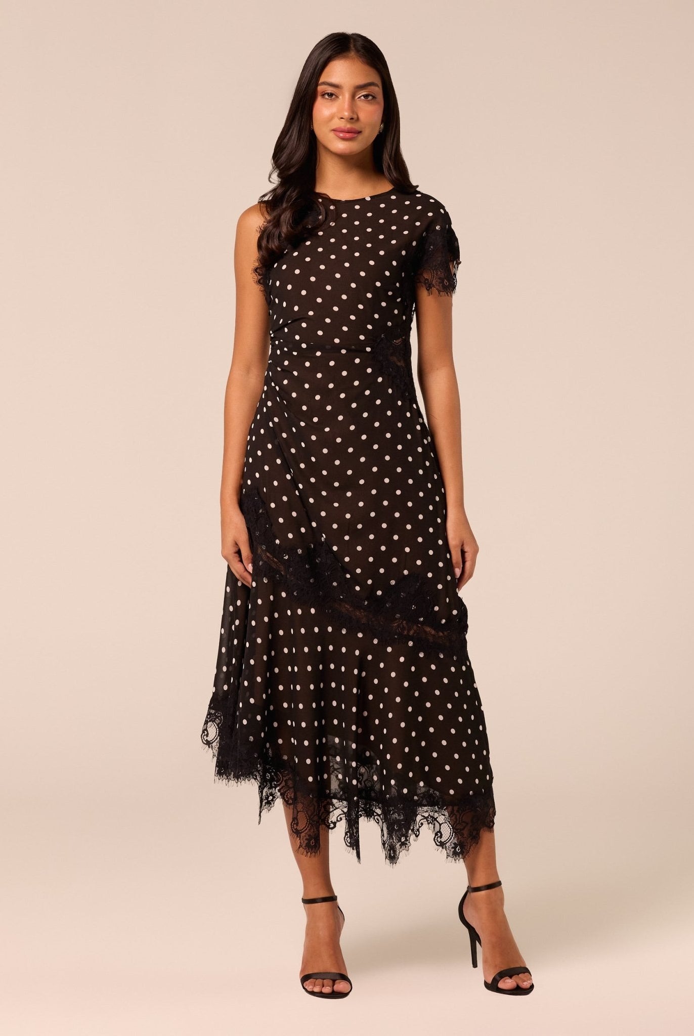 Polka Dot Chiffon Midi Dress with Lace Inserts - shopaleena
