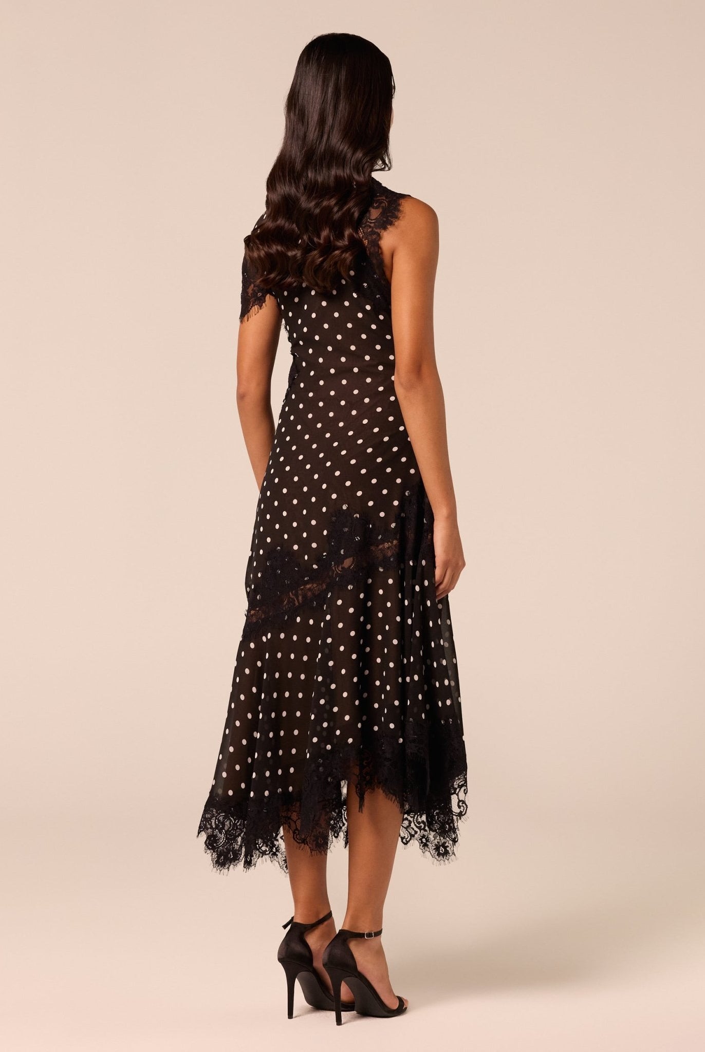 Polka Dot Chiffon Midi Dress with Lace Inserts - shopaleena