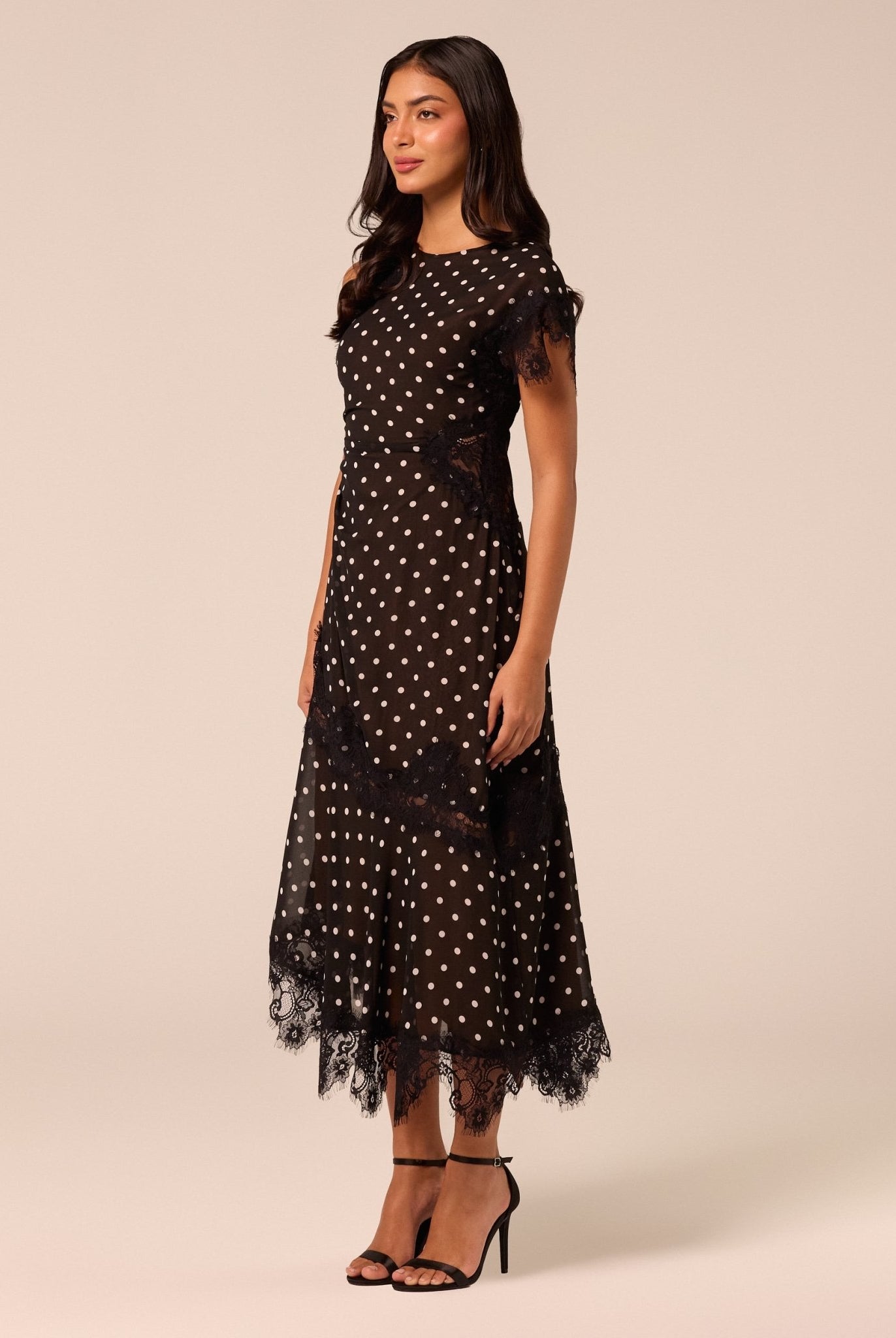 Polka Dot Chiffon Midi Dress with Lace Inserts - shopaleena