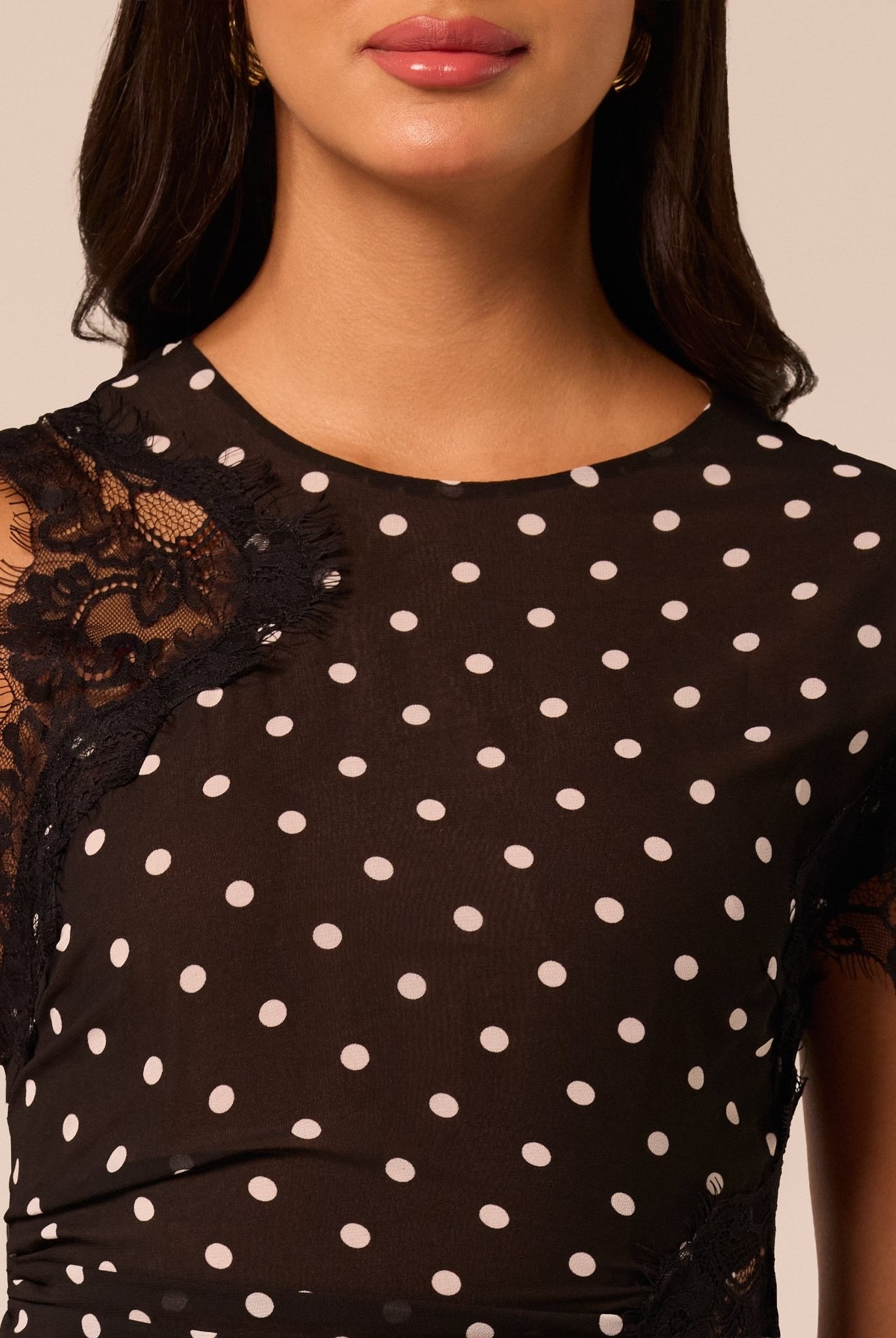 Polka Dot Chiffon Midi Dress with Lace Inserts - shopaleena