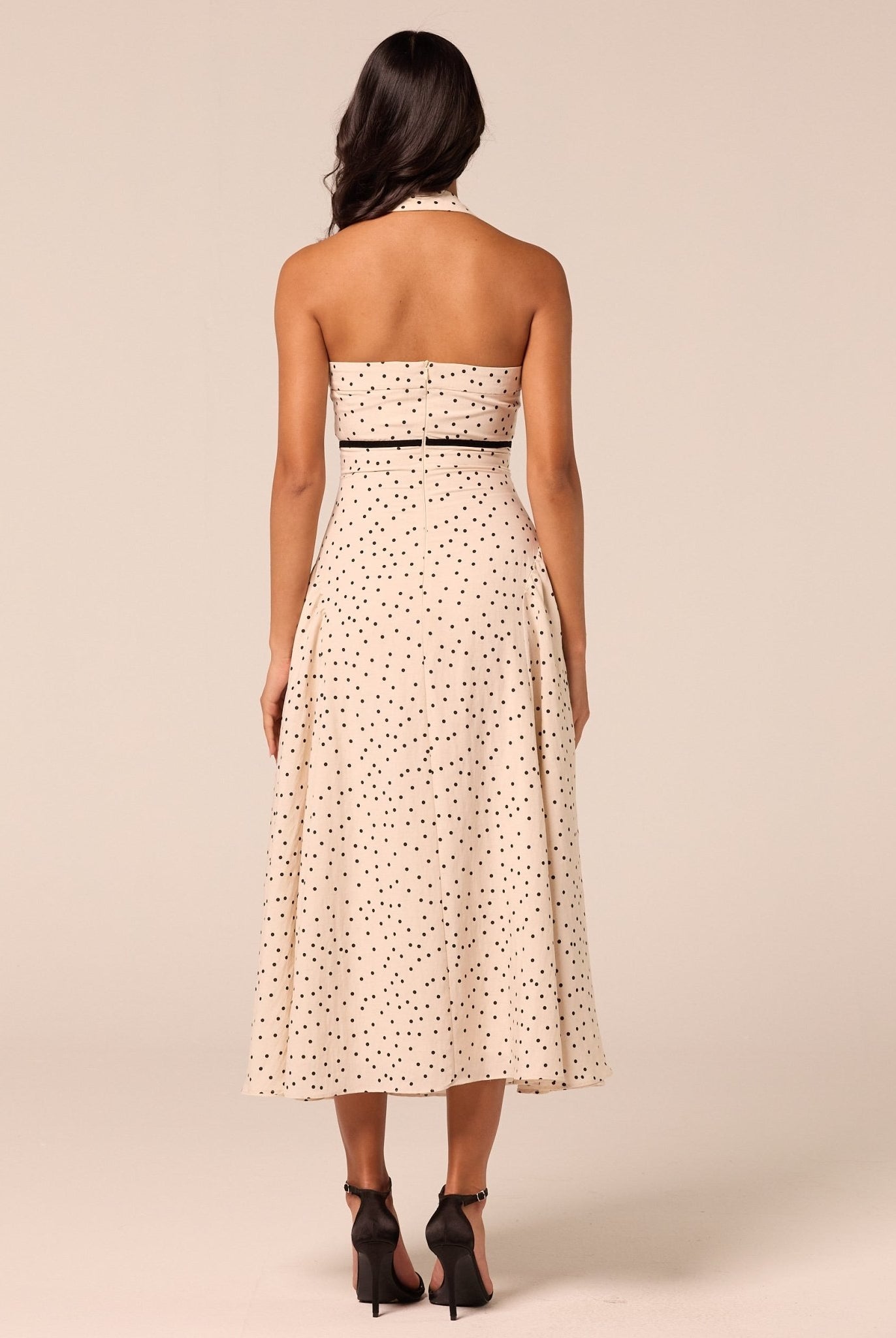 Polka Dot Halter Neck Waist Ribbon Midi Dress - shopaleena