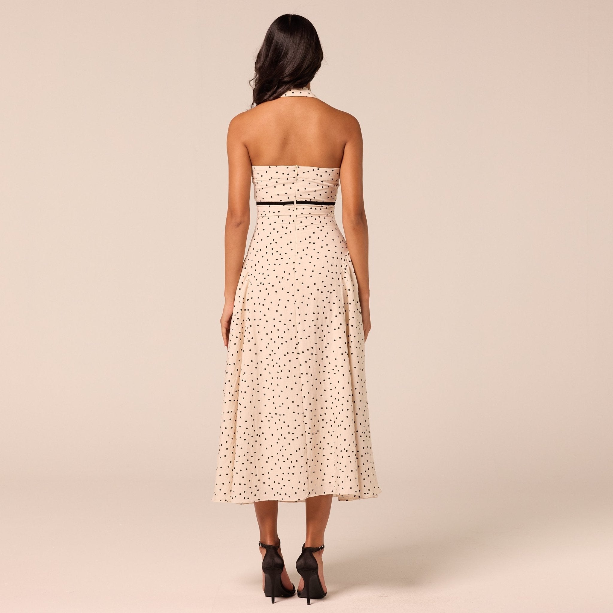 Polka Dot Halter Neck Waist Ribbon Midi Dress - shopaleena