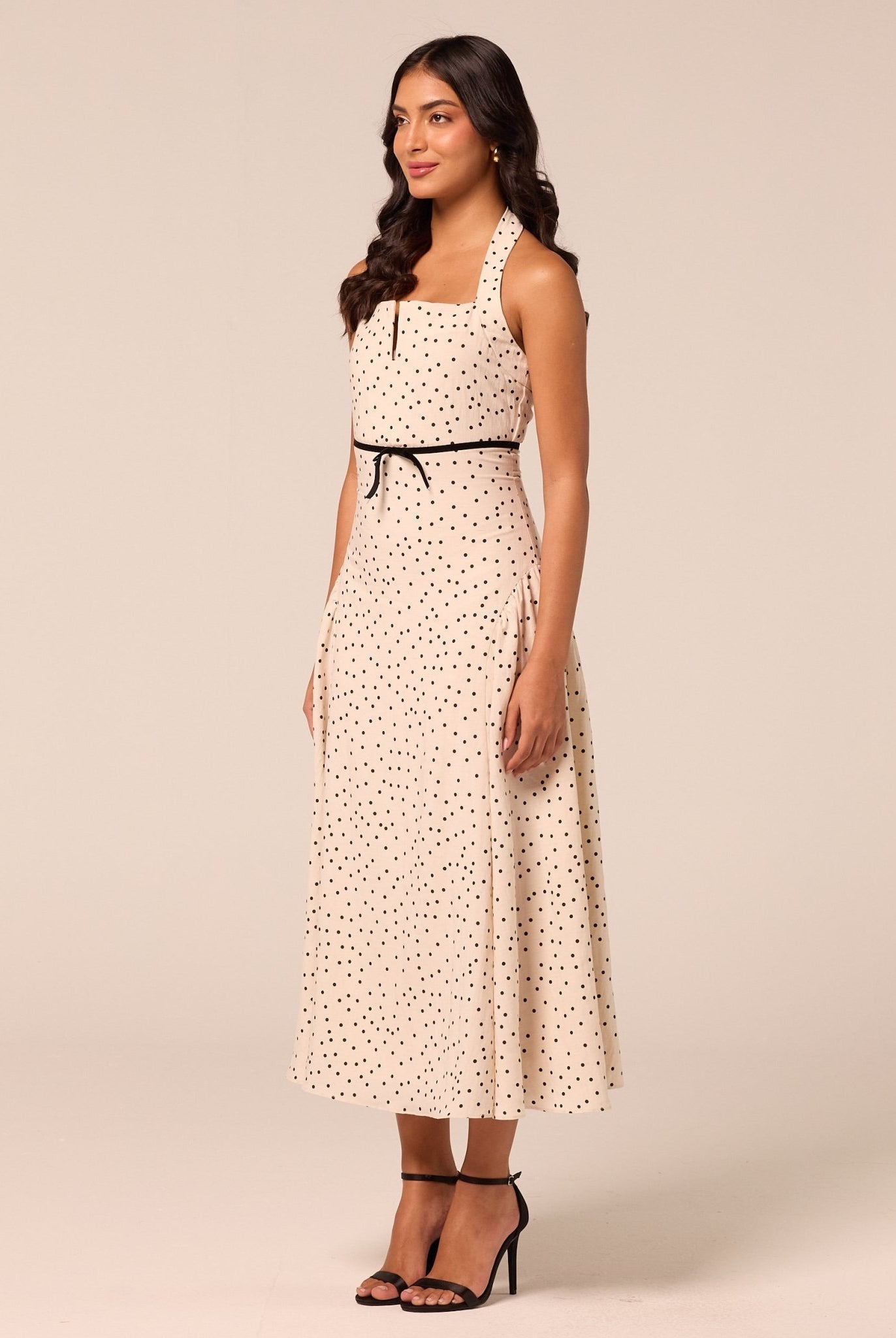 Polka Dot Halter Neck Waist Ribbon Midi Dress - shopaleena