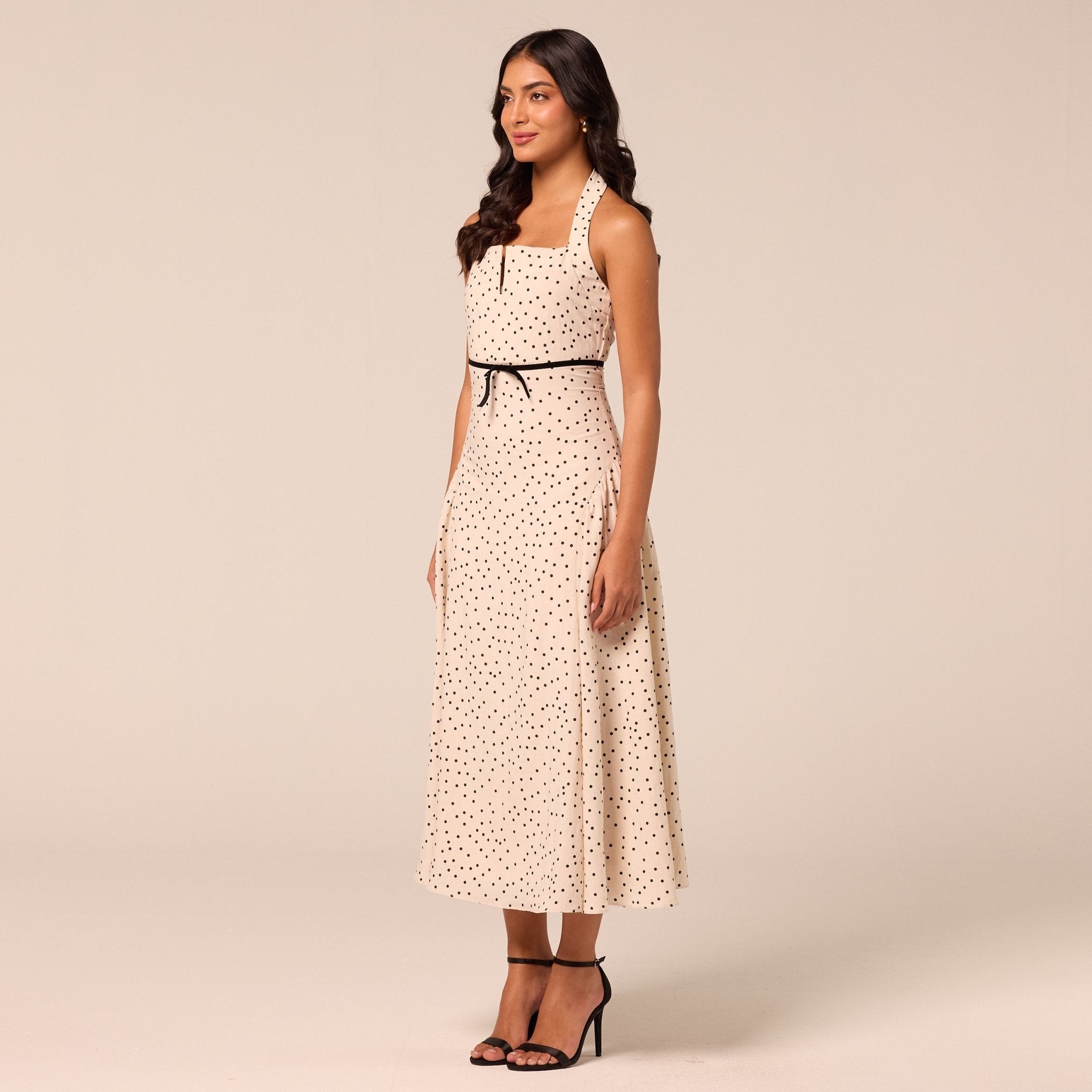Polka Dot Halter Neck Waist Ribbon Midi Dress - shopaleena