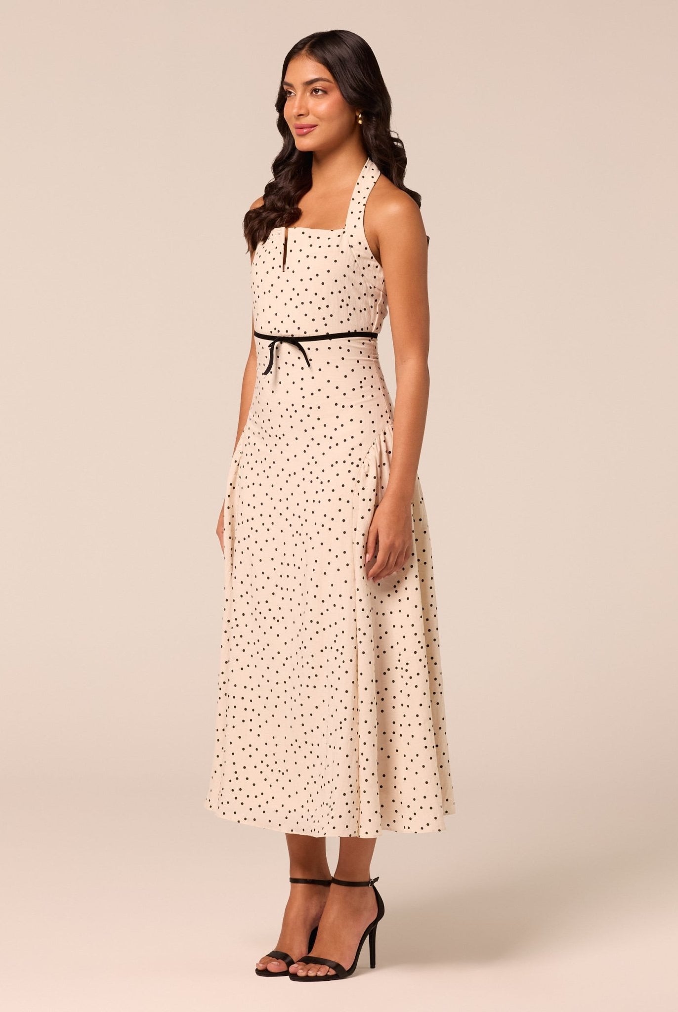 Polka Dot Halter Neck Waist Ribbon Midi Dress - shopaleena