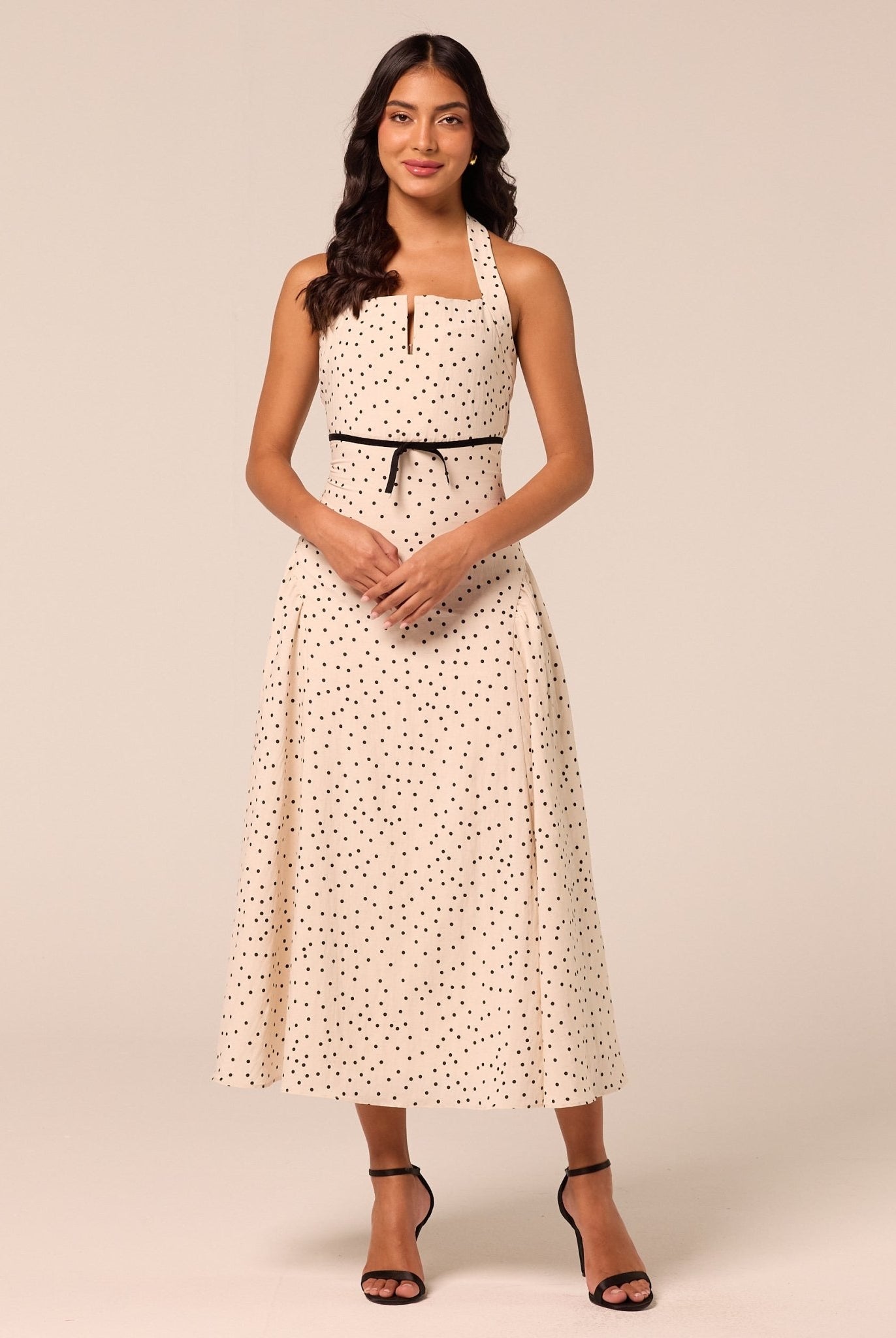 Polka Dot Halter Neck Waist Ribbon Midi Dress - shopaleena