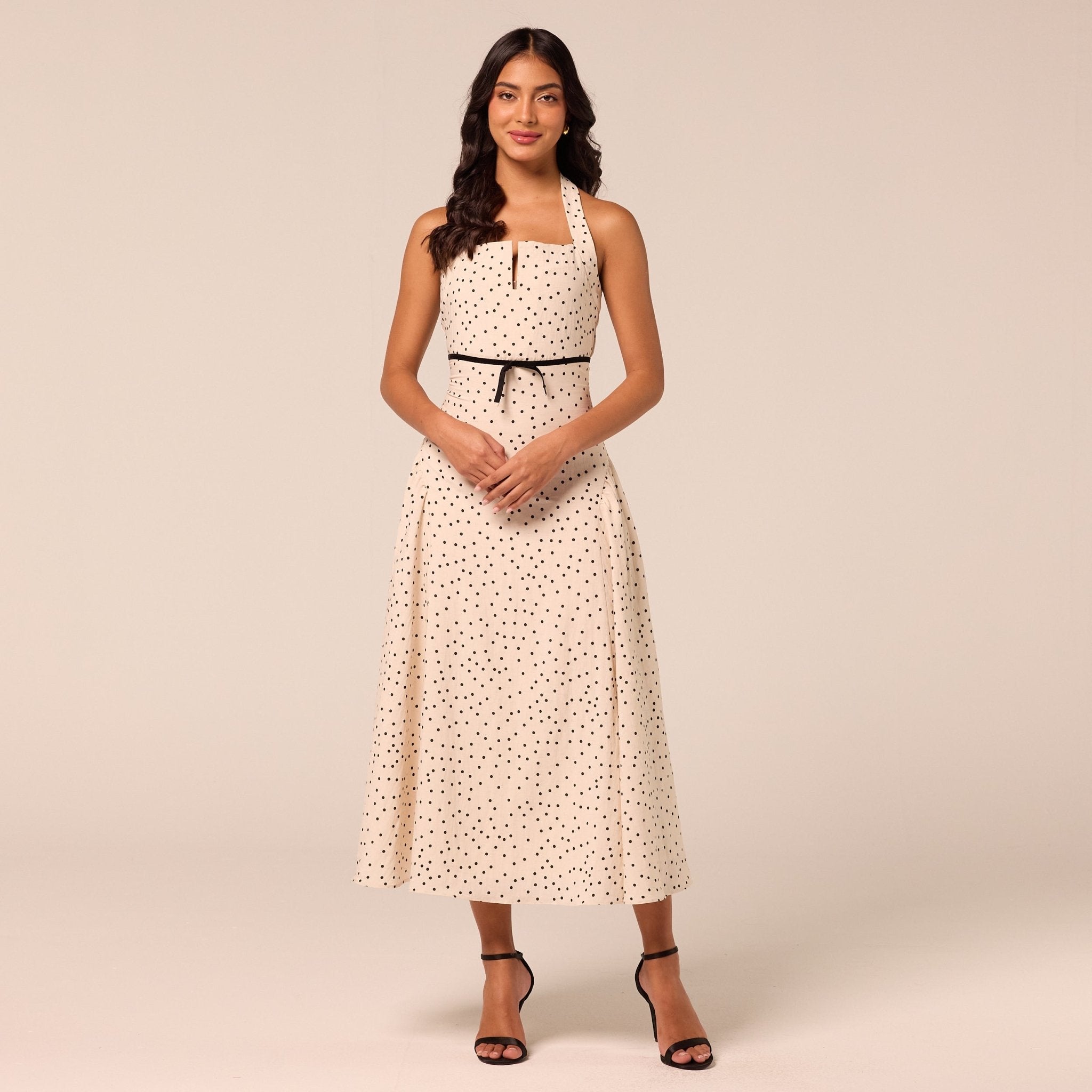Polka Dot Halter Neck Waist Ribbon Midi Dress - shopaleena