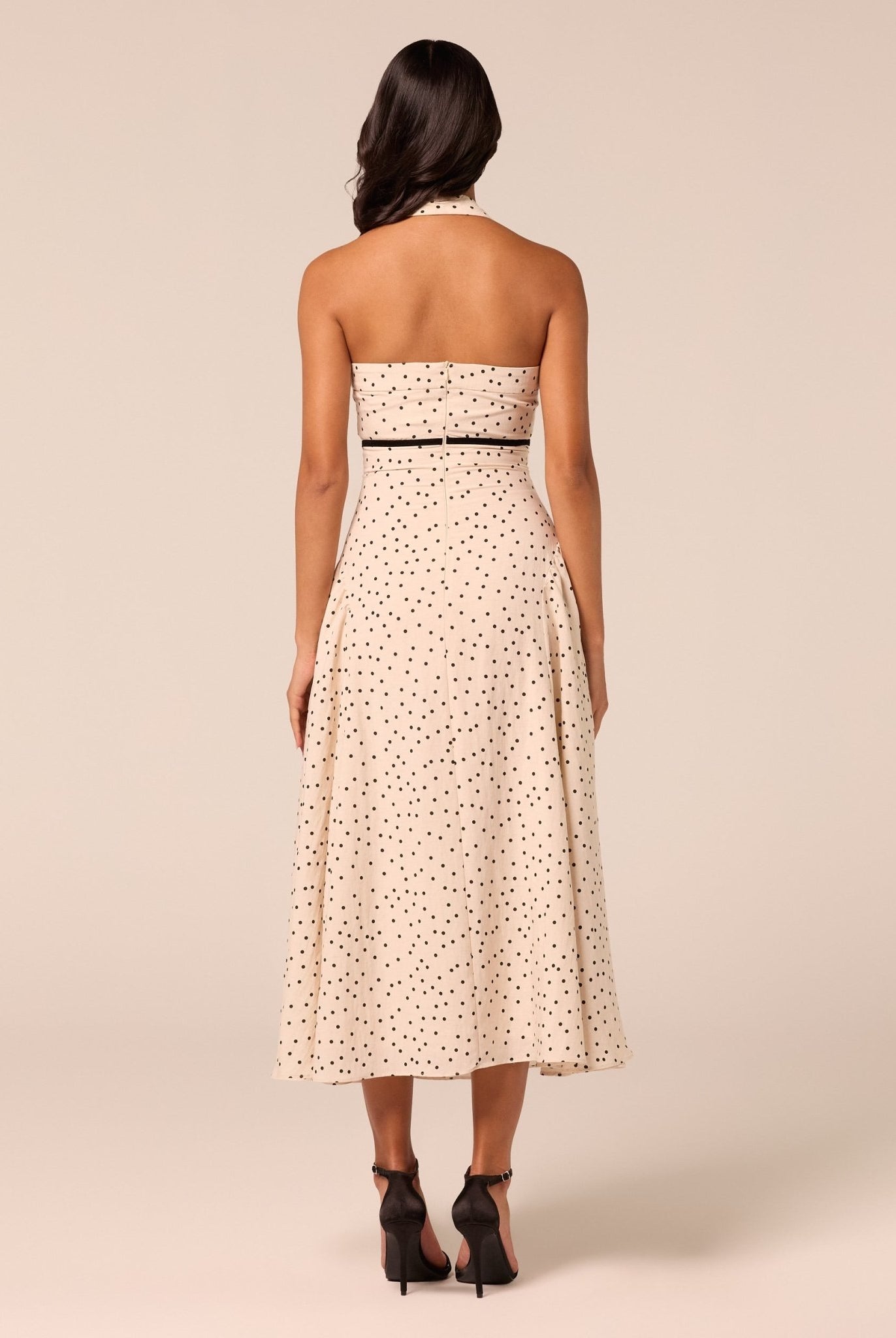 Polka Dot Halter Neck Waist Ribbon Midi Dress - shopaleena