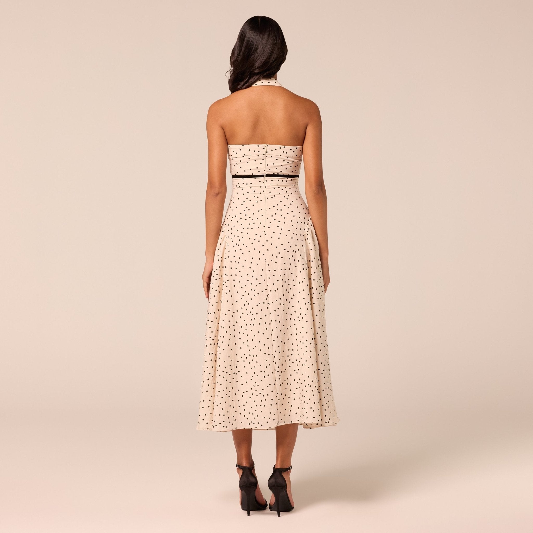 Polka Dot Halter Neck Waist Ribbon Midi Dress - shopaleena