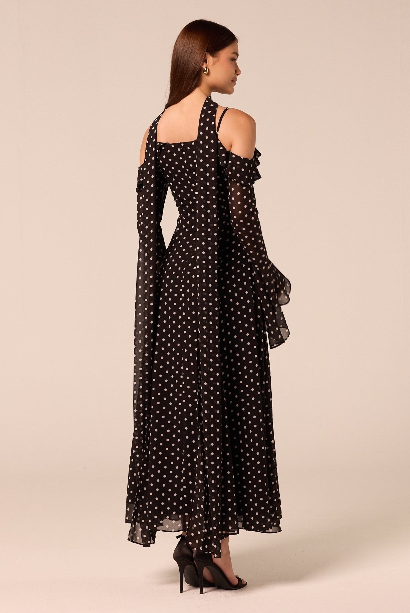 Polka Dot Long-Sleeve Bare Shoulder Chiffon Maxi Dress - shopaleena