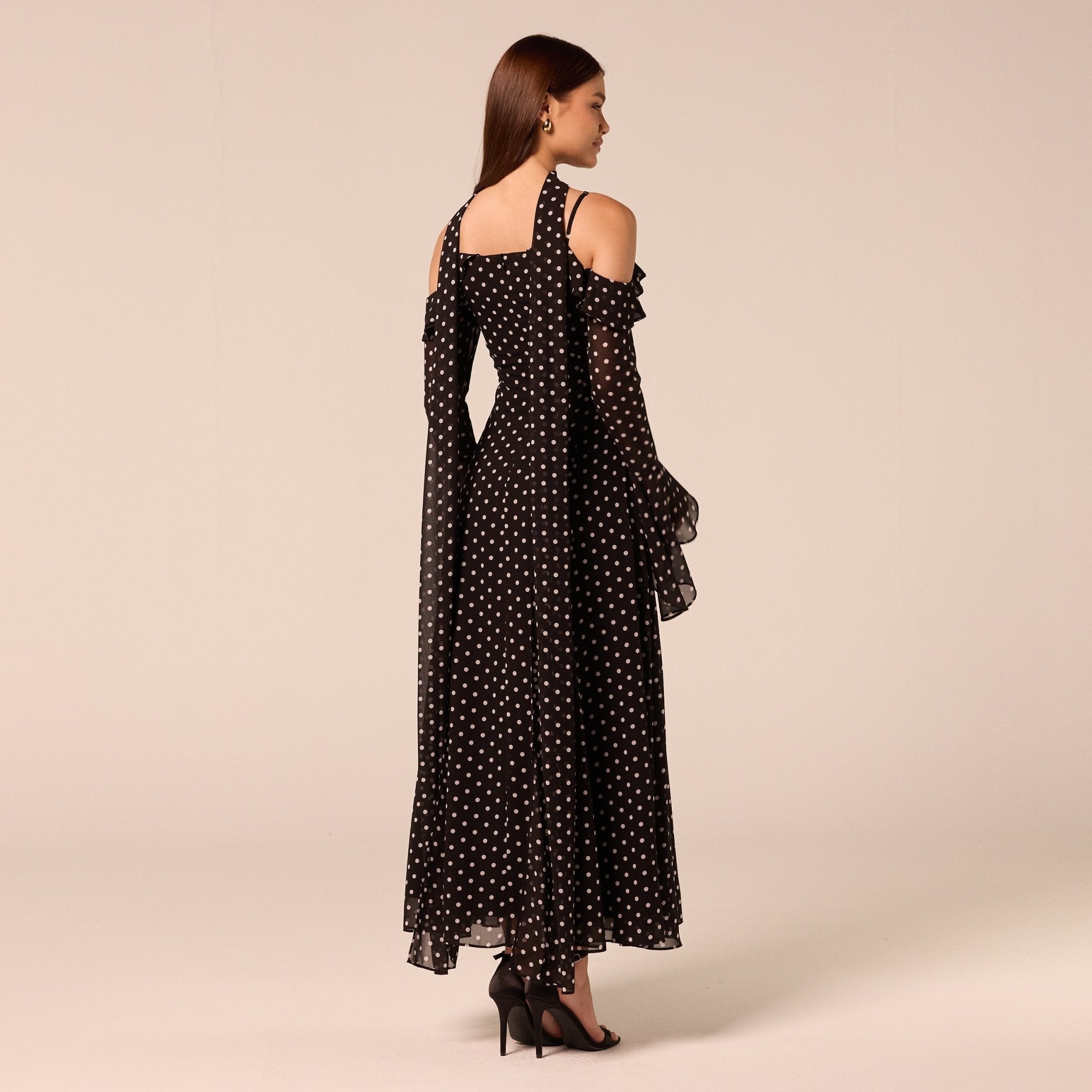 Polka Dot Long-Sleeve Bare Shoulder Chiffon Maxi Dress - shopaleena