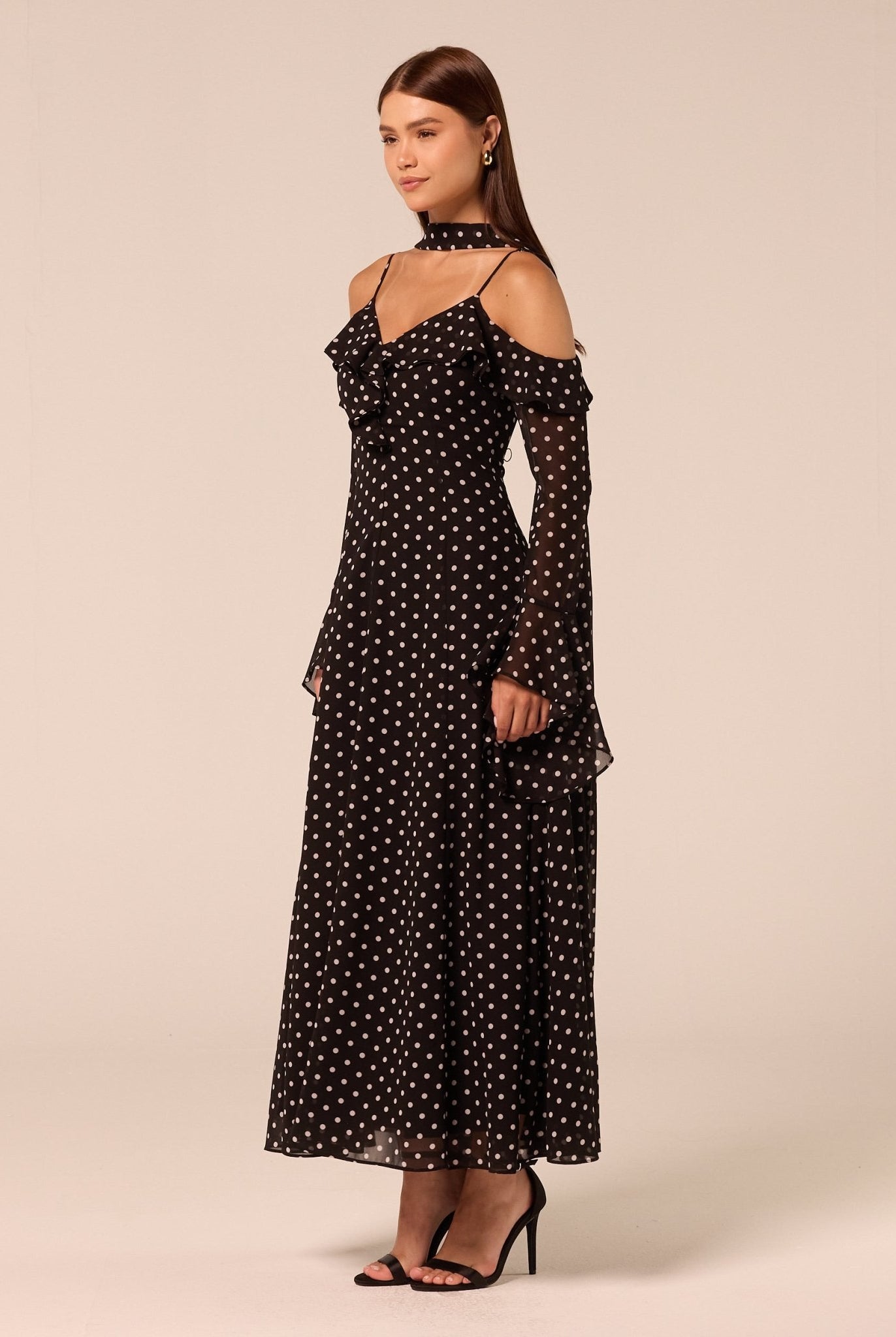 Polka Dot Long-Sleeve Bare Shoulder Chiffon Maxi Dress - shopaleena