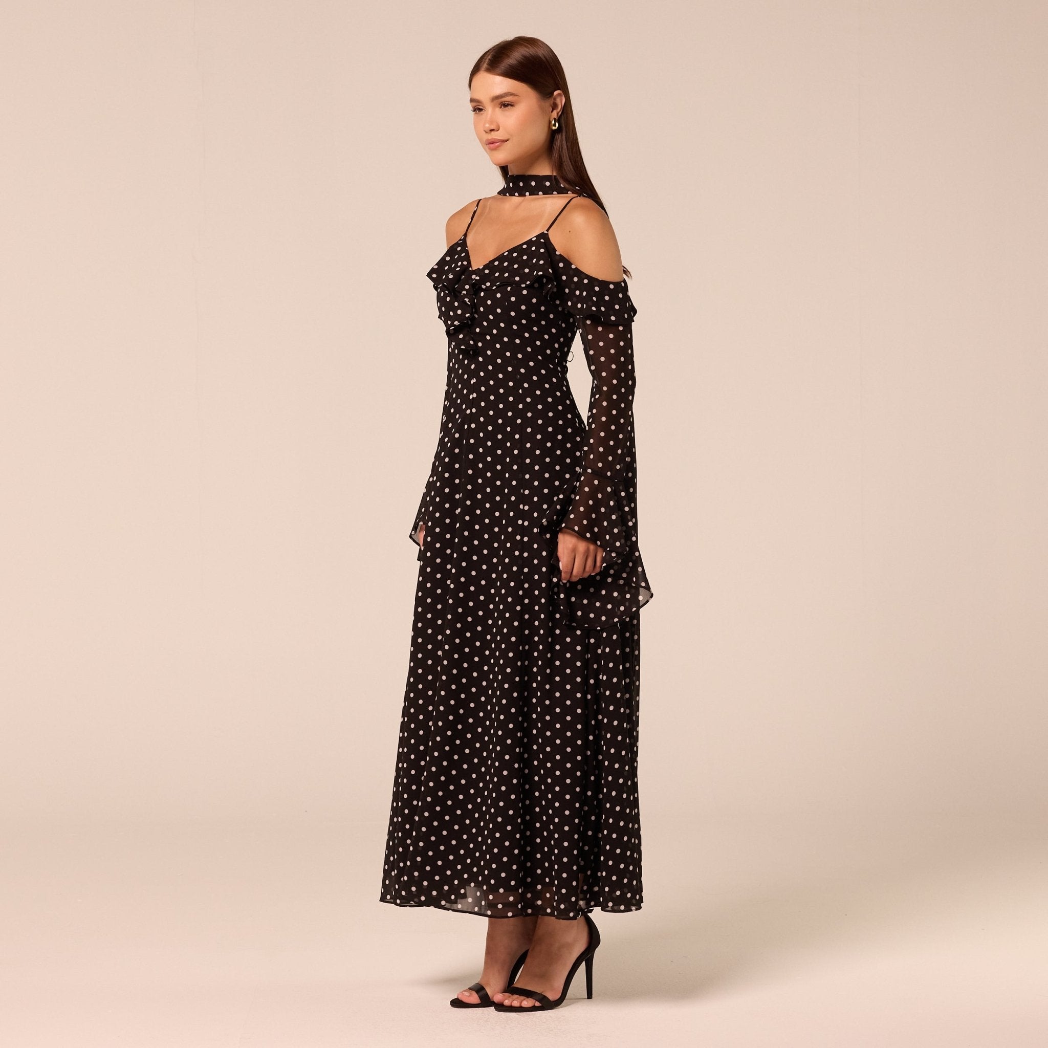 Polka Dot Long-Sleeve Bare Shoulder Chiffon Maxi Dress - shopaleena