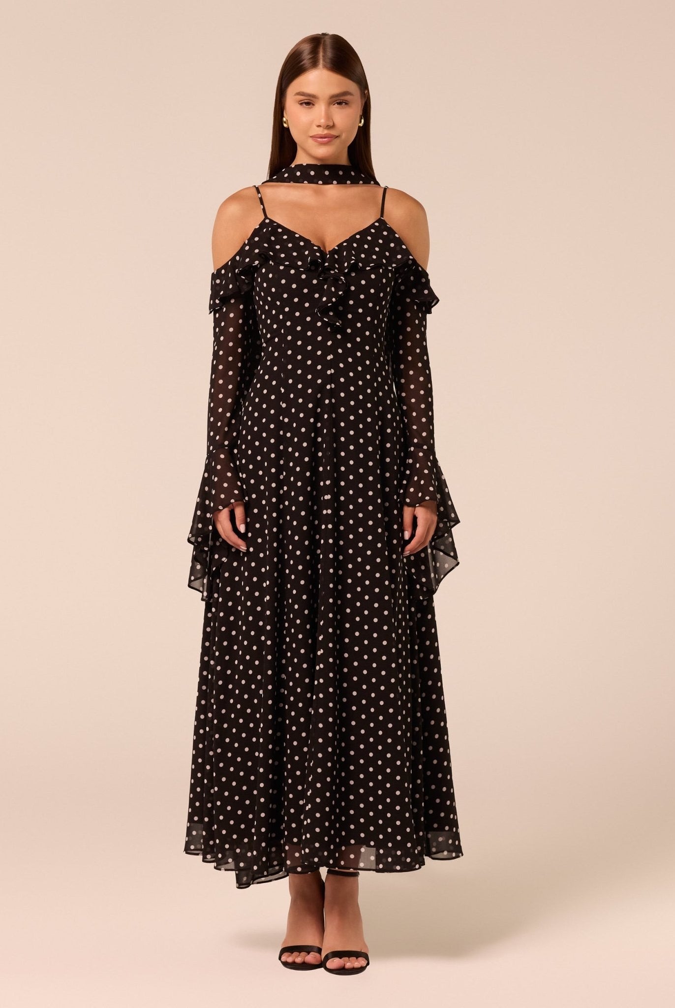 Polka Dot Long-Sleeve Bare Shoulder Chiffon Maxi Dress - shopaleena