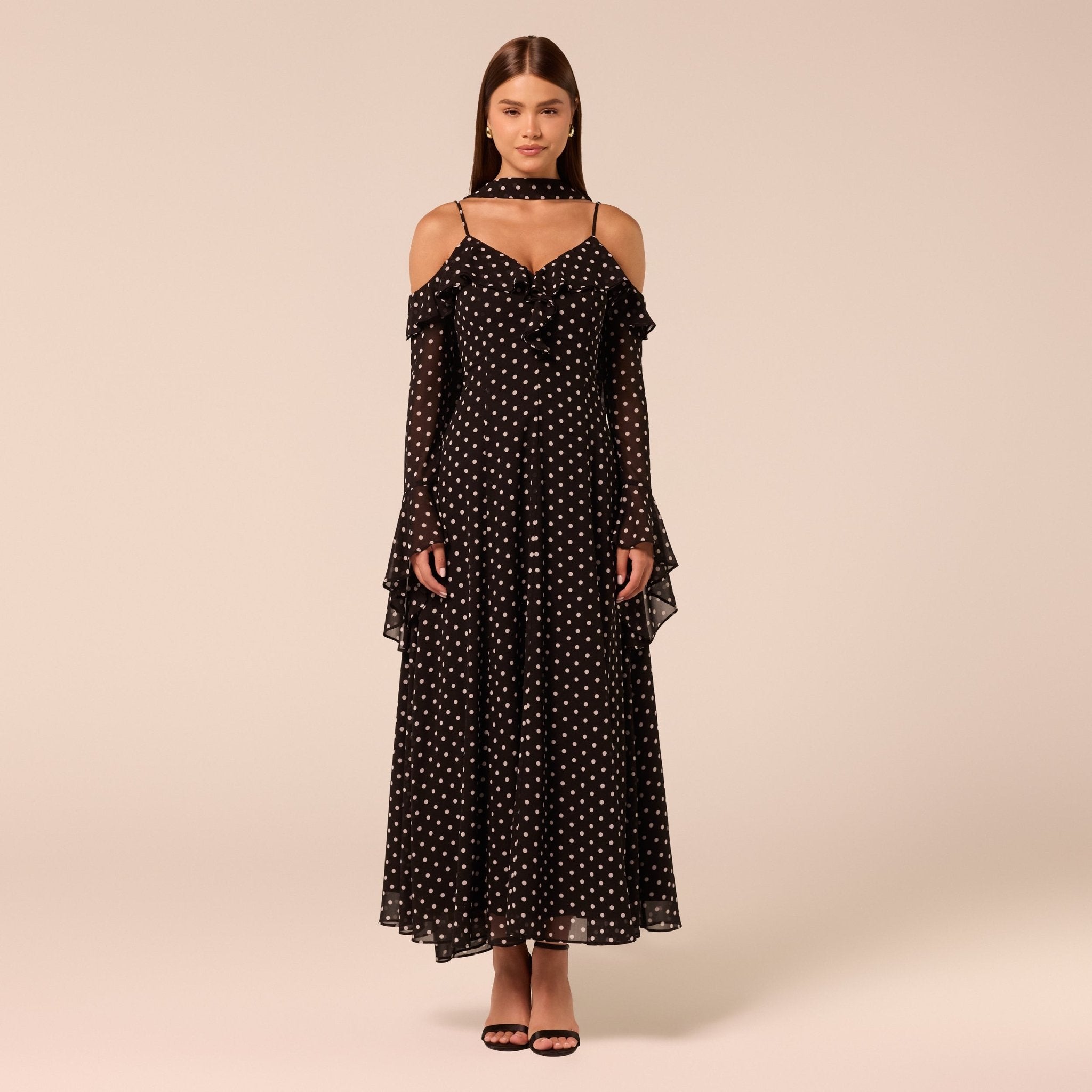 Polka Dot Long-Sleeve Bare Shoulder Chiffon Maxi Dress - shopaleena
