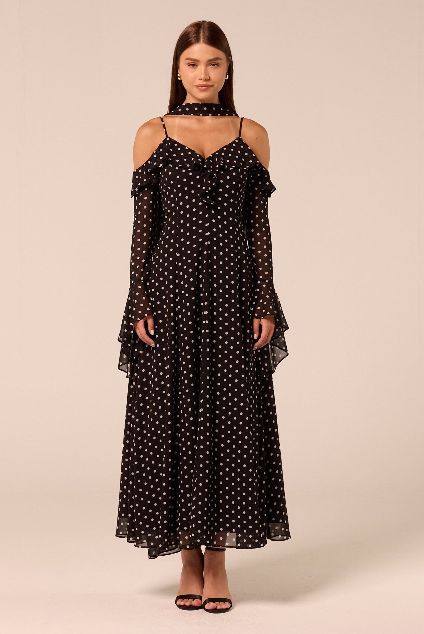 Polka Dot Long-Sleeve Bare Shoulder Chiffon Maxi Dress - shopaleena