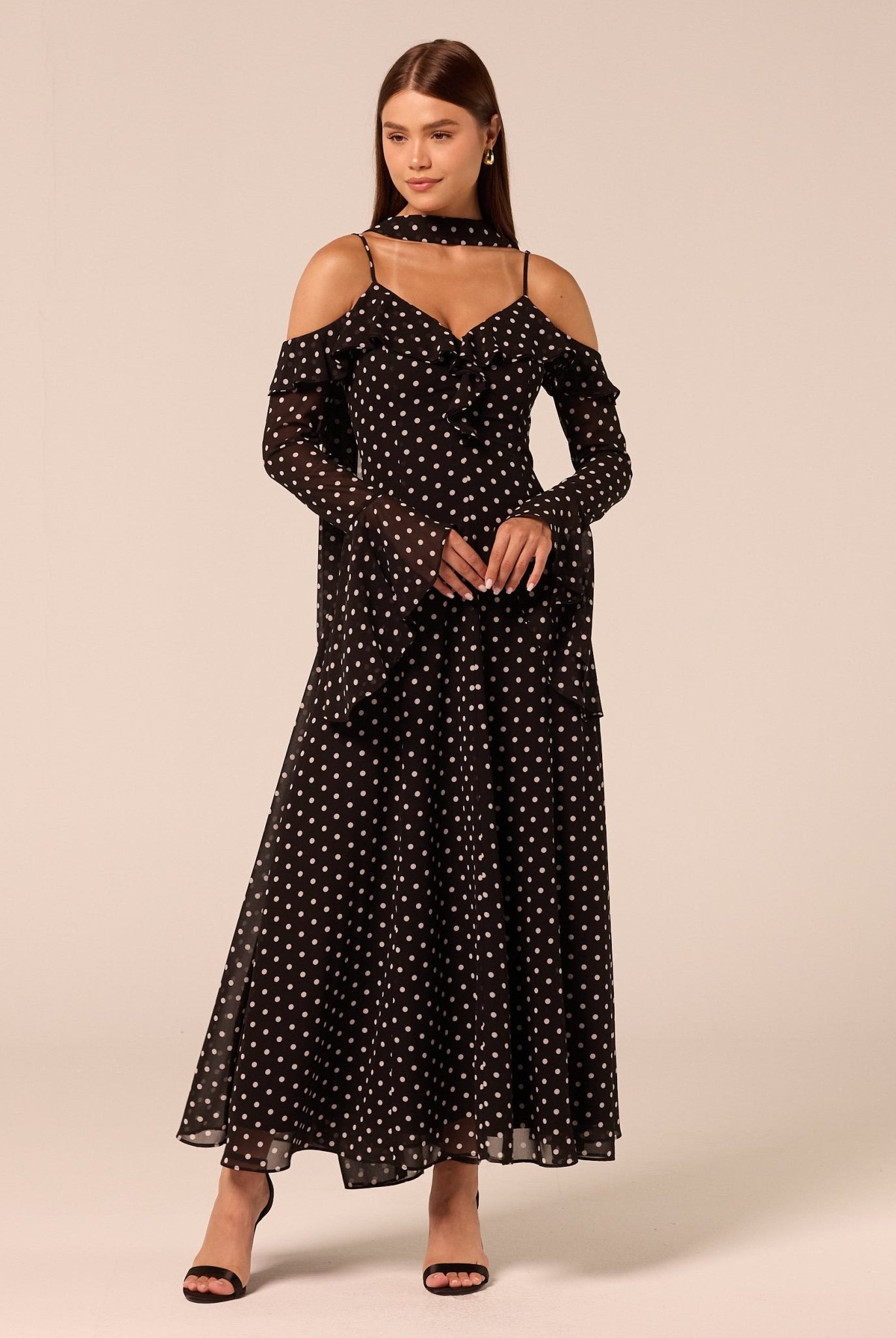 Polka Dot Long-Sleeve Bare Shoulder Chiffon Maxi Dress - shopaleena