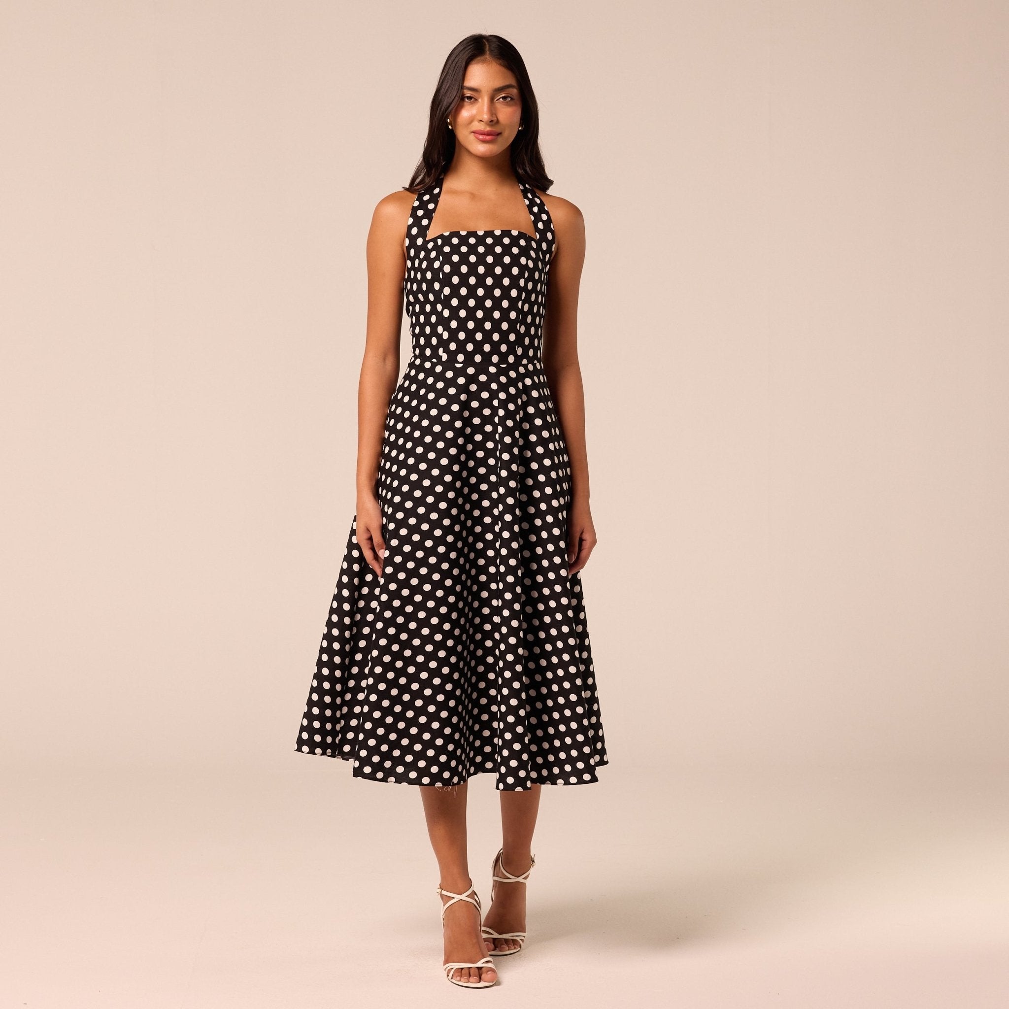 Polka Dot Tie Halter Neck Midi Dress - shopaleena