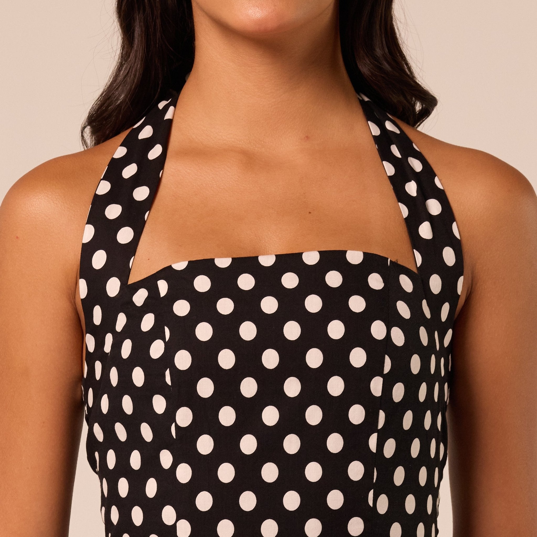 Polka Dot Tie Halter Neck Midi Dress - shopaleena