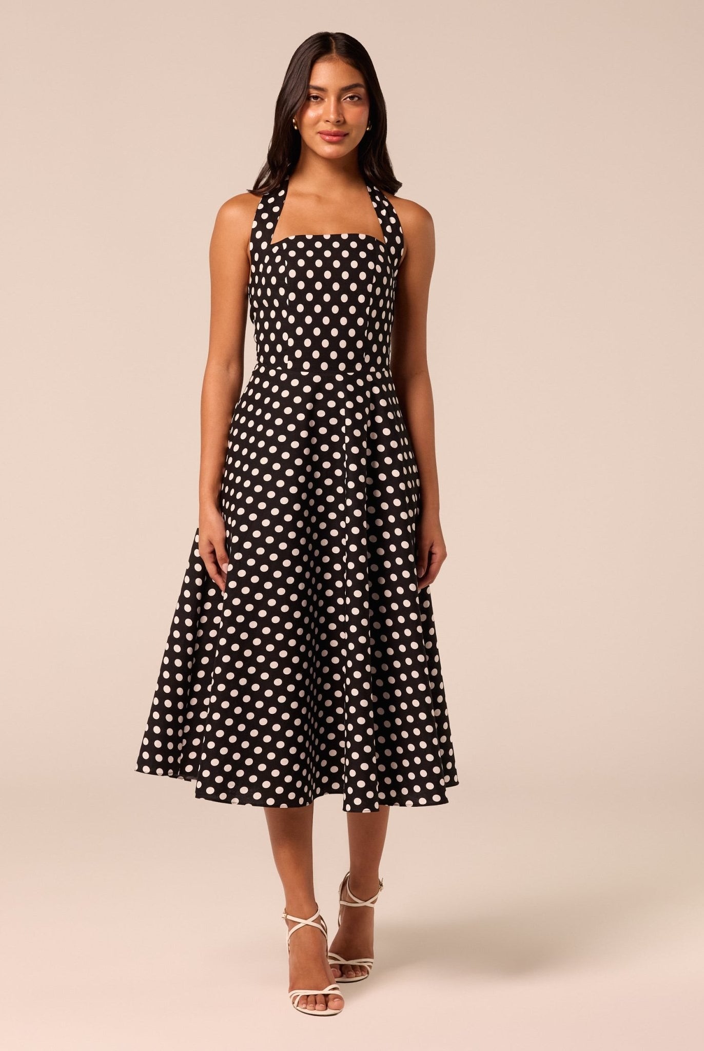 Polka Dot Tie Halter Neck Midi Dress - shopaleena