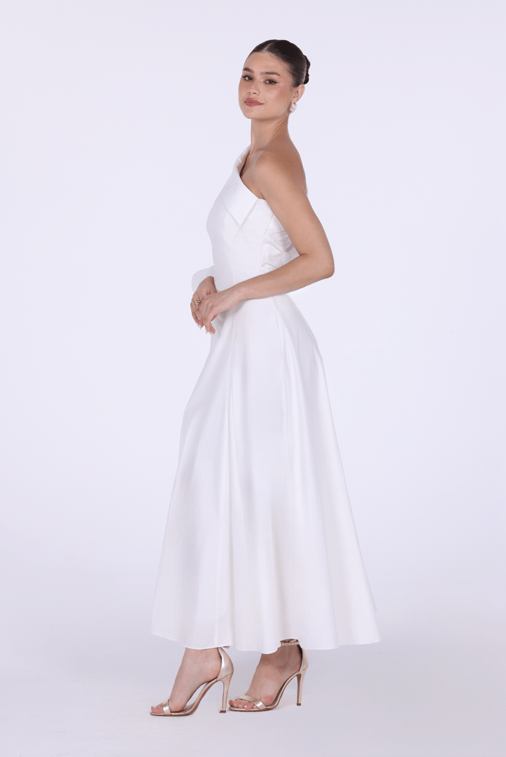 Poplin One - Shoulder Midi Shirt Dress with Side Cord - shopaleena