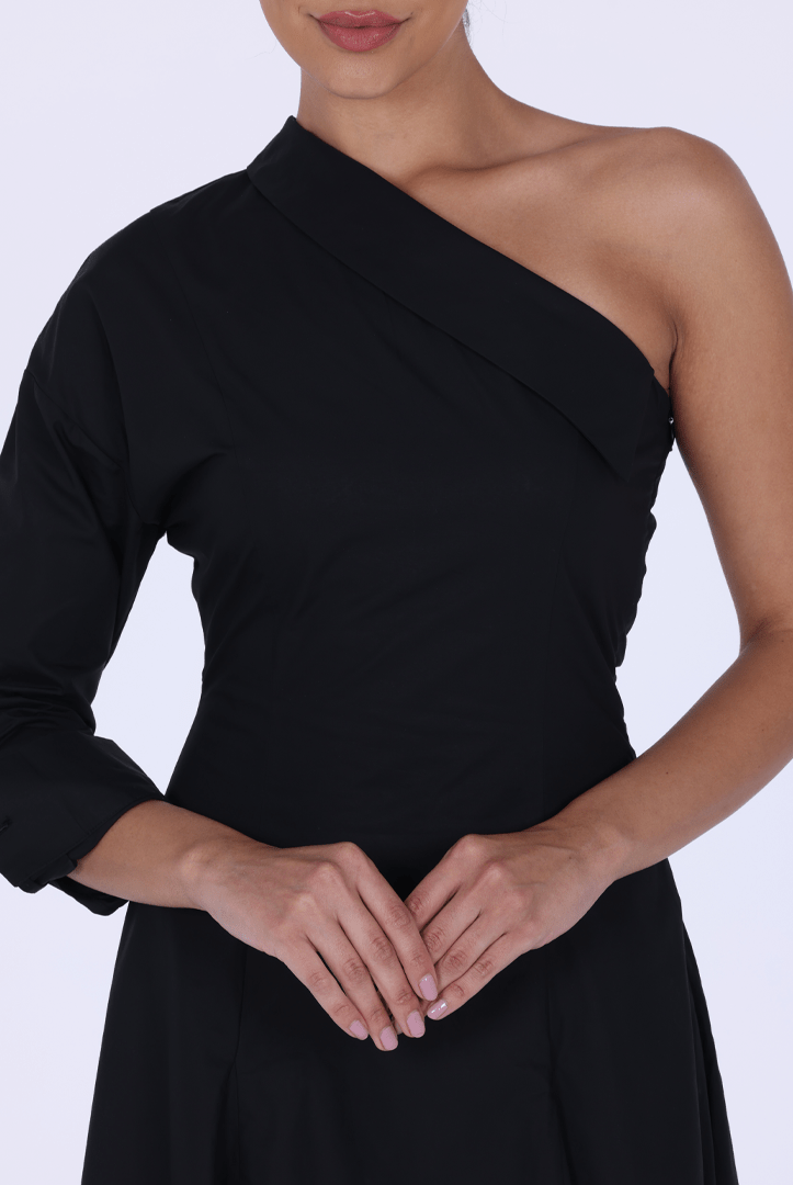 Poplin One - Shoulder Midi Shirt Dress with Side Cord - shopaleena