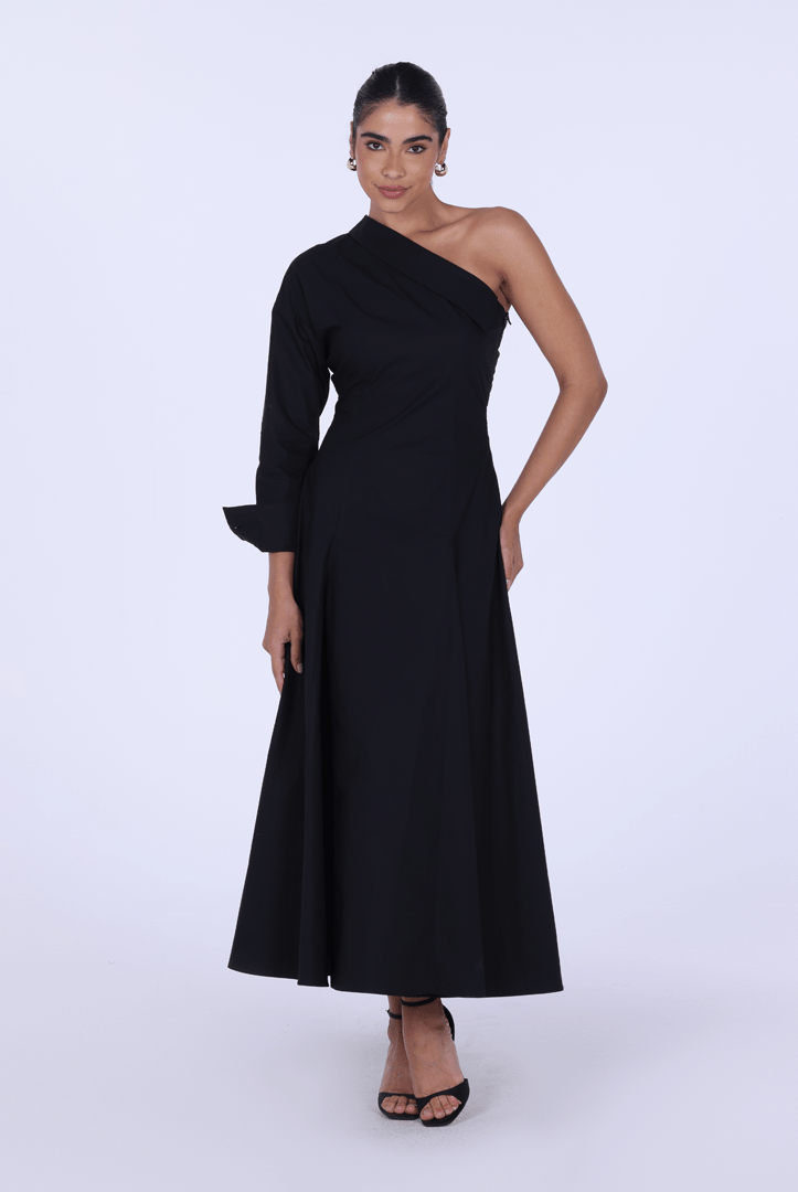Poplin One - Shoulder Midi Shirt Dress with Side Cord - shopaleena