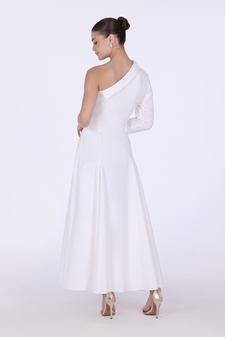 Poplin One - Shoulder Midi Shirt Dress with Side Cord - shopaleena
