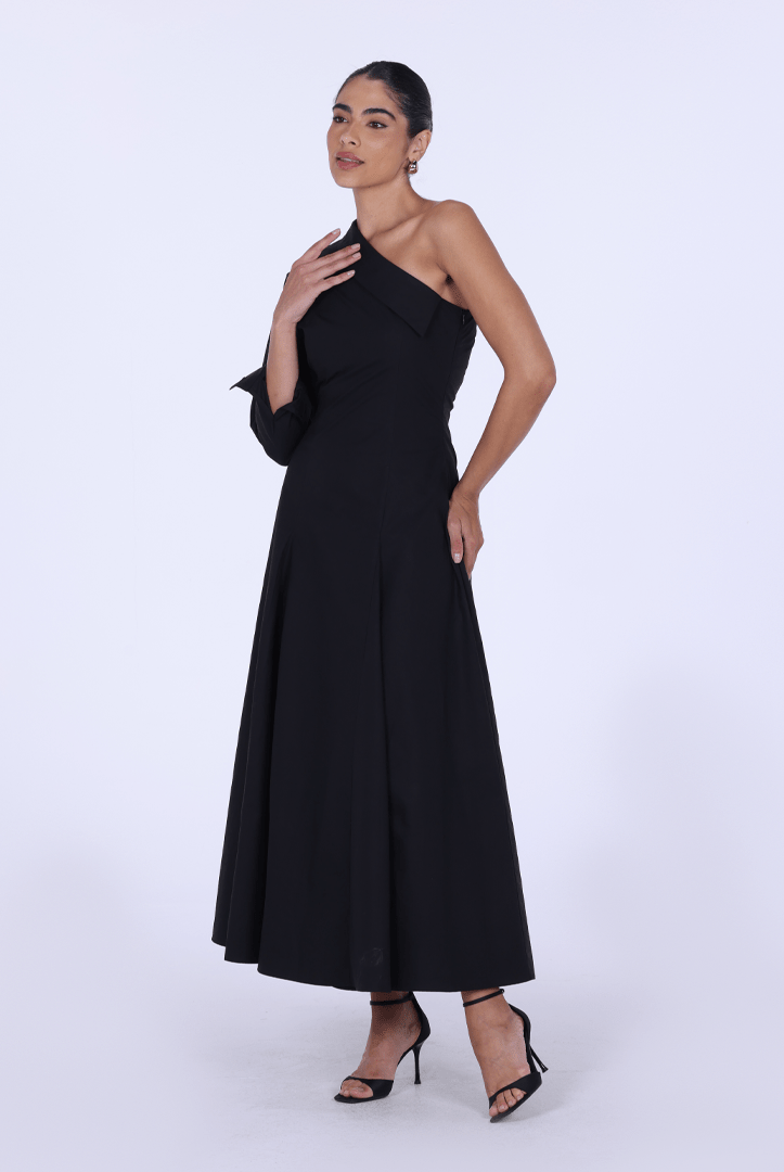 Poplin One - Shoulder Midi Shirt Dress with Side Cord - shopaleena