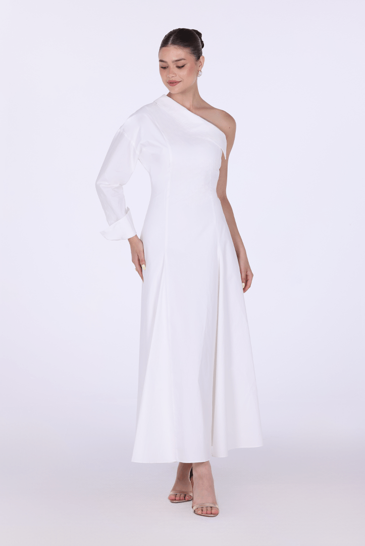Poplin One - Shoulder Midi Shirt Dress with Side Cord - shopaleena