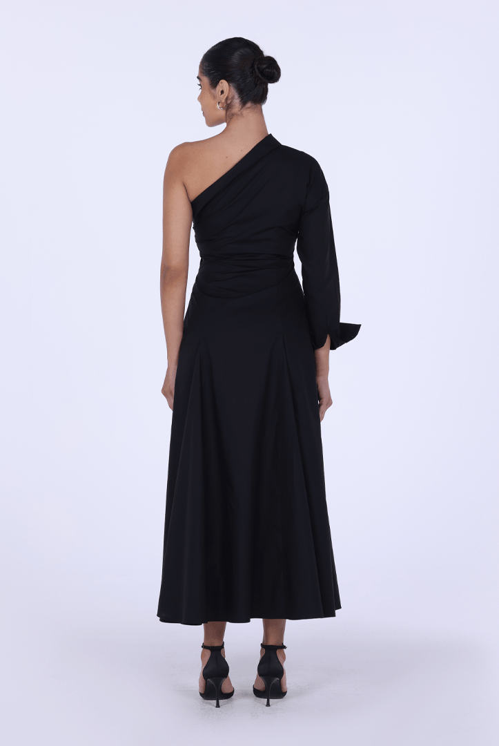 Poplin One - Shoulder Midi Shirt Dress with Side Cord - shopaleena