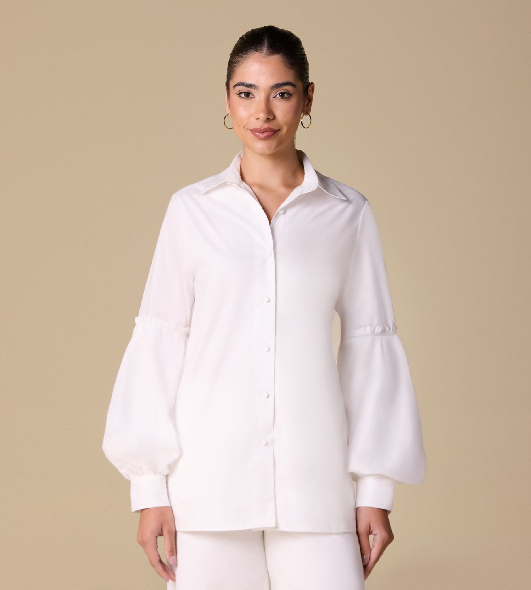 Poplin Puff Sleeve Shirt with Fabric Buttons - shopaleena