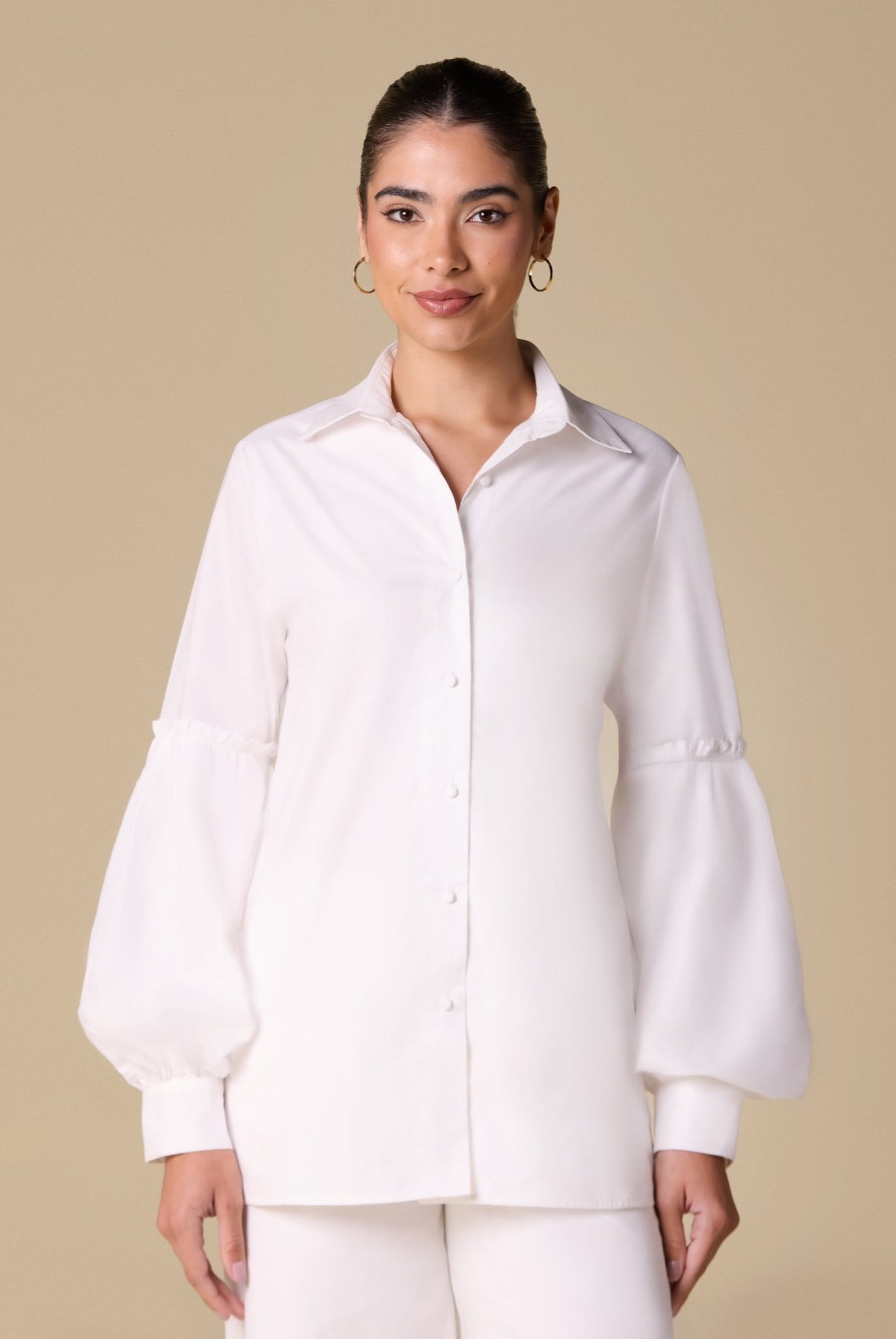 Poplin Puff Sleeve Shirt with Fabric Buttons - shopaleena