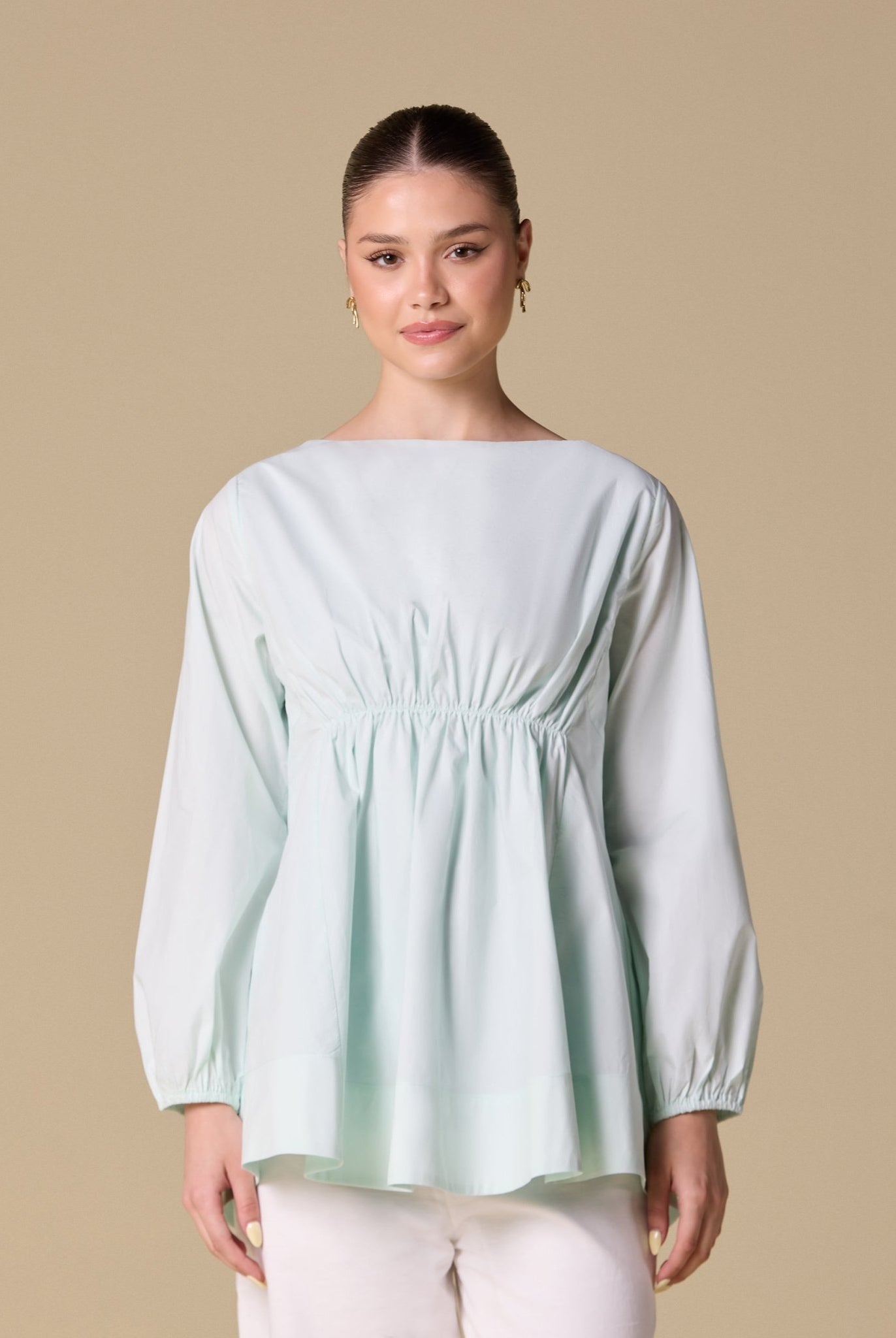Poplin Puff Sleeves Top with Boat Neck - shopaleena