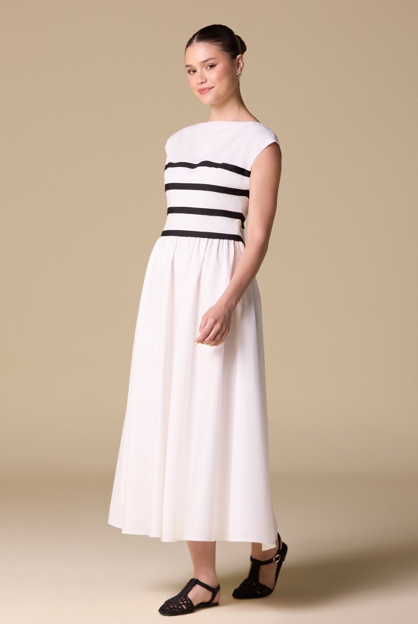 Poplin Striped Flared A Line Midi Dress - shopaleena