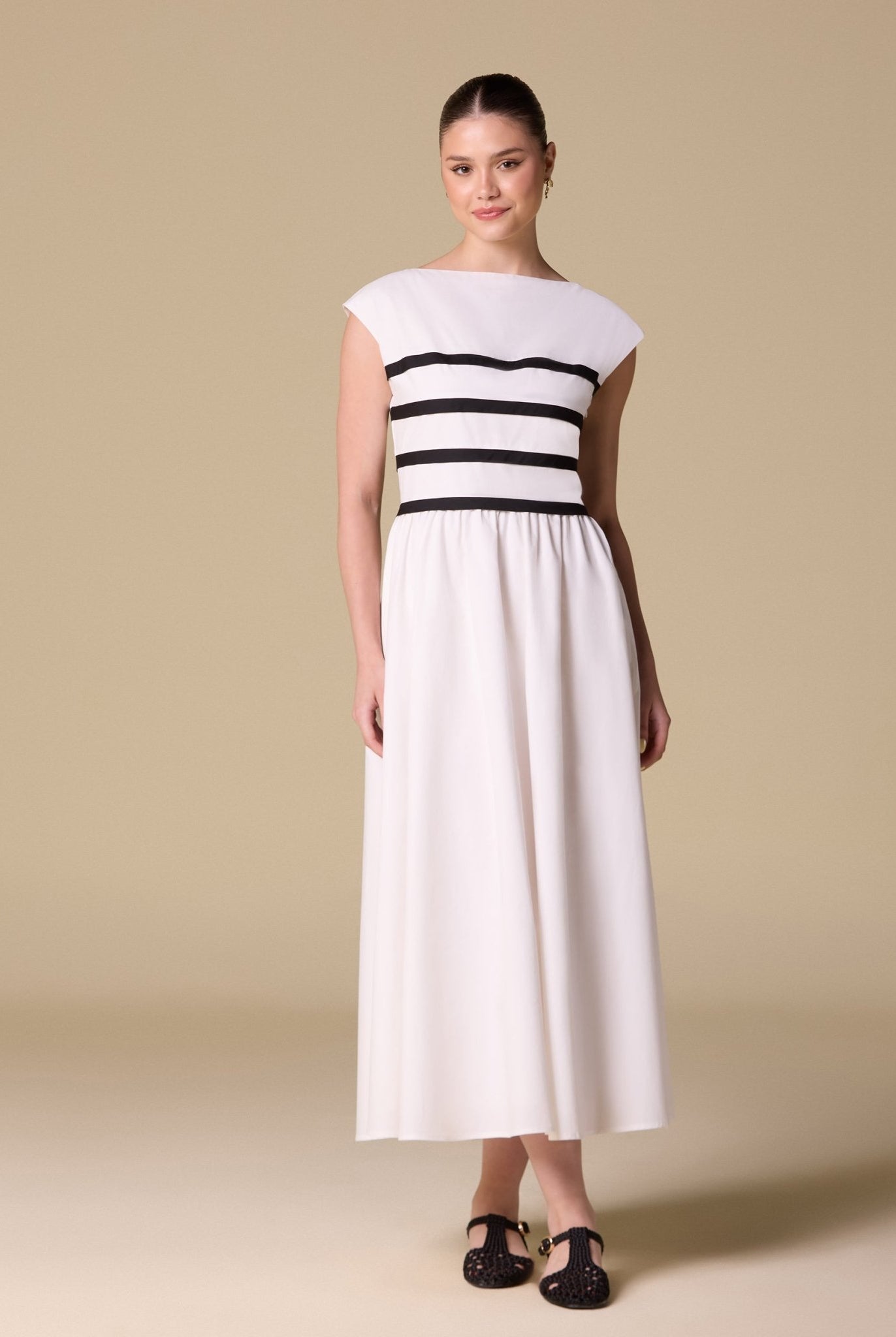 Poplin Striped Flared A Line Midi Dress - shopaleena