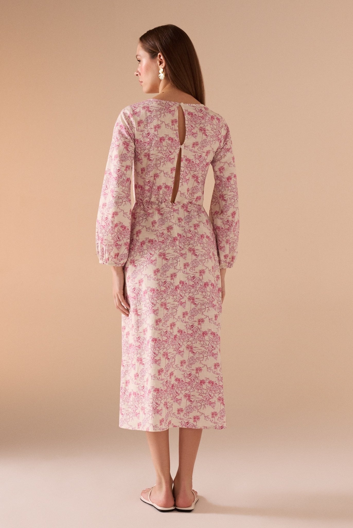 Printed Gathered Waist Midi Dress - shopaleena