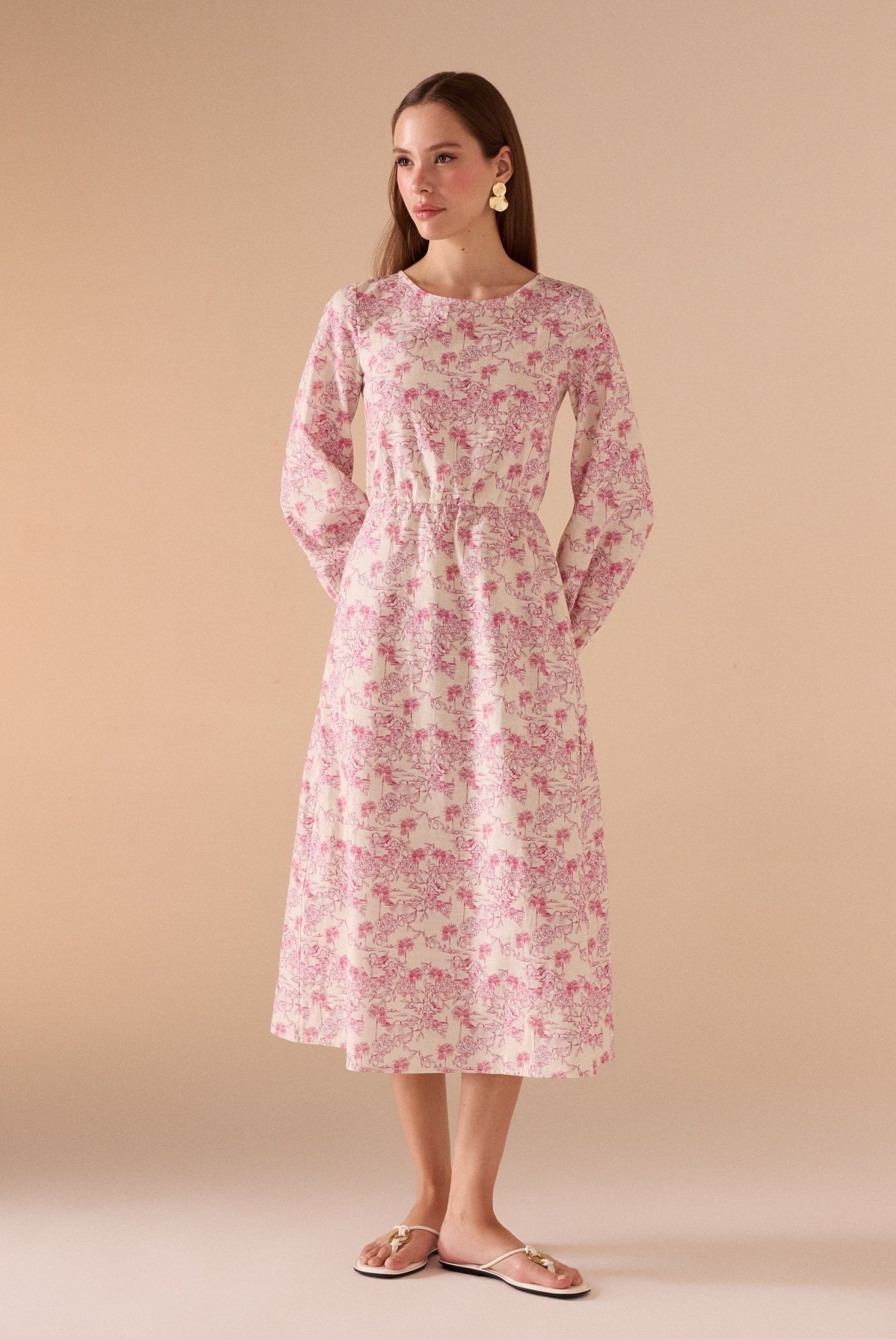 Printed Gathered Waist Midi Dress - shopaleena