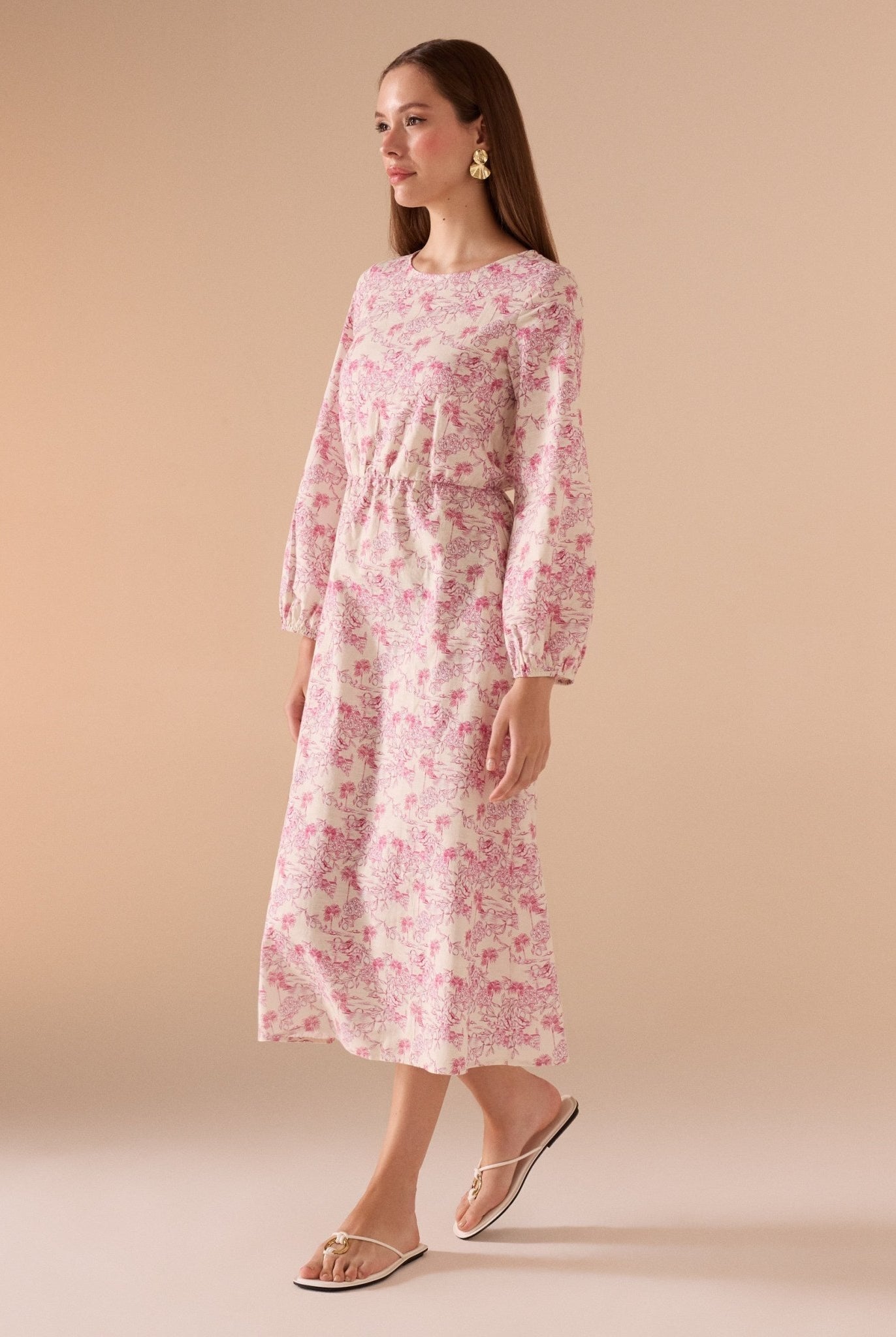 Printed Gathered Waist Midi Dress - shopaleena