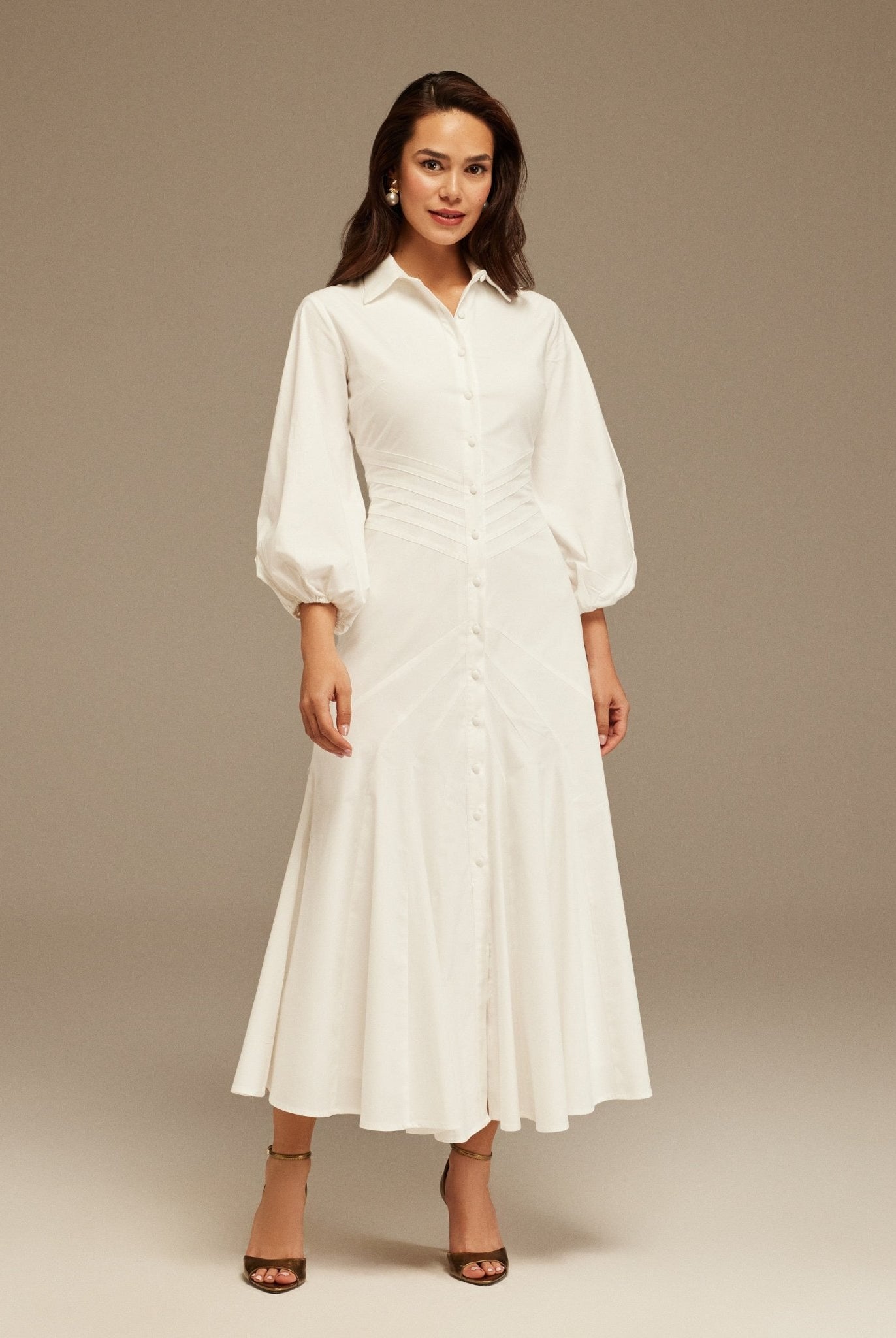Puff Long Sleeves Stitched Waist Poplin Dress - shopaleena