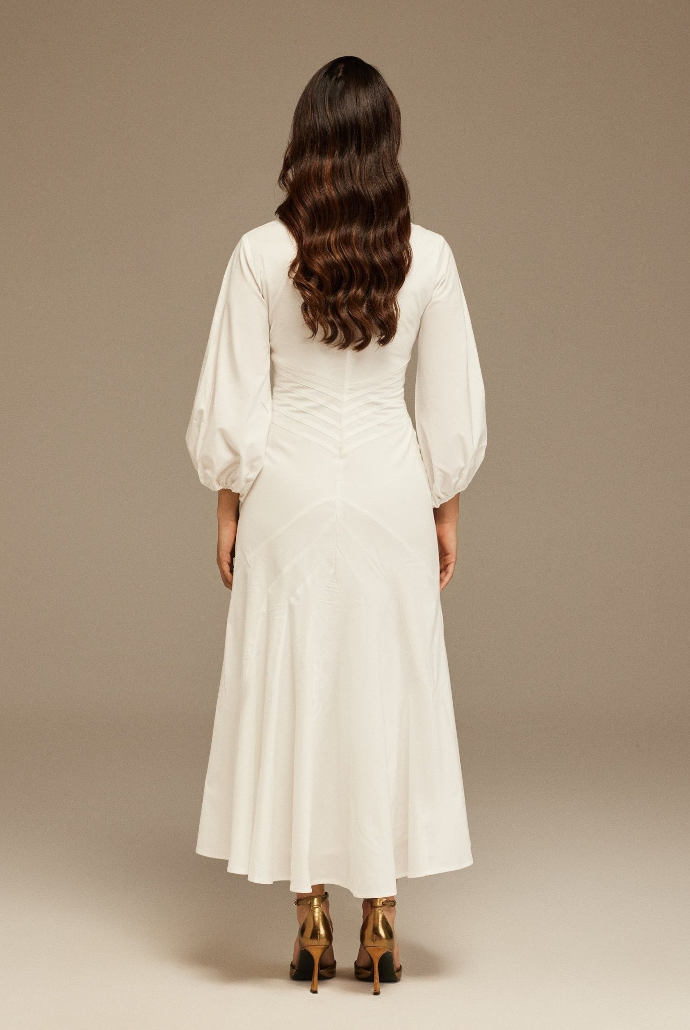 Puff Long Sleeves Stitched Waist Poplin Dress - shopaleena