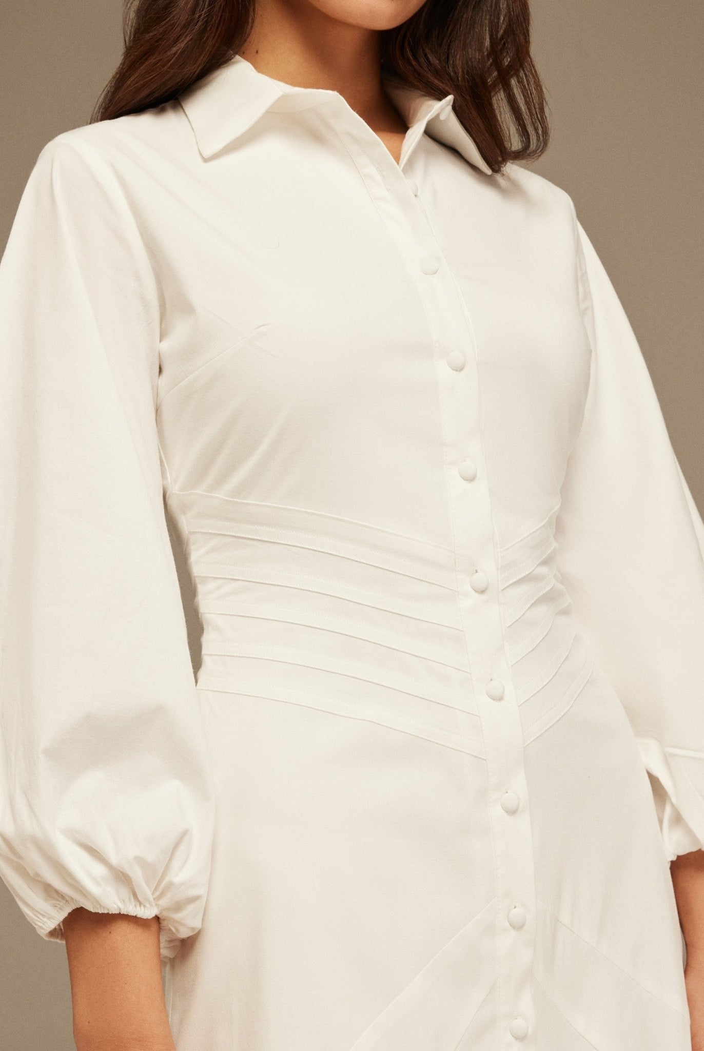 Puff Long Sleeves Stitched Waist Poplin Dress - shopaleena