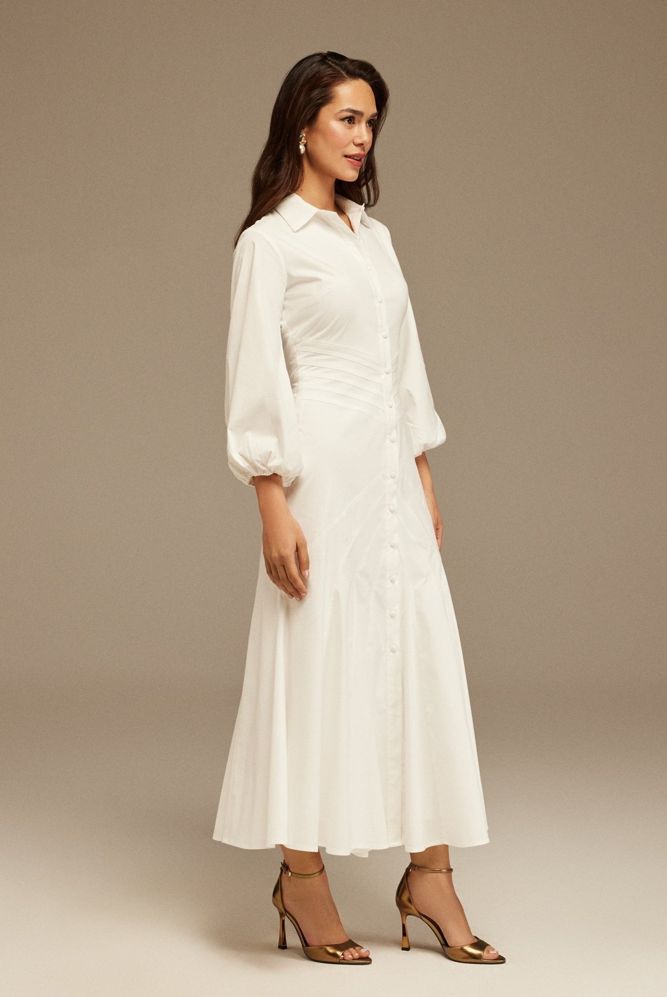 Puff Long Sleeves Stitched Waist Poplin Dress - shopaleena