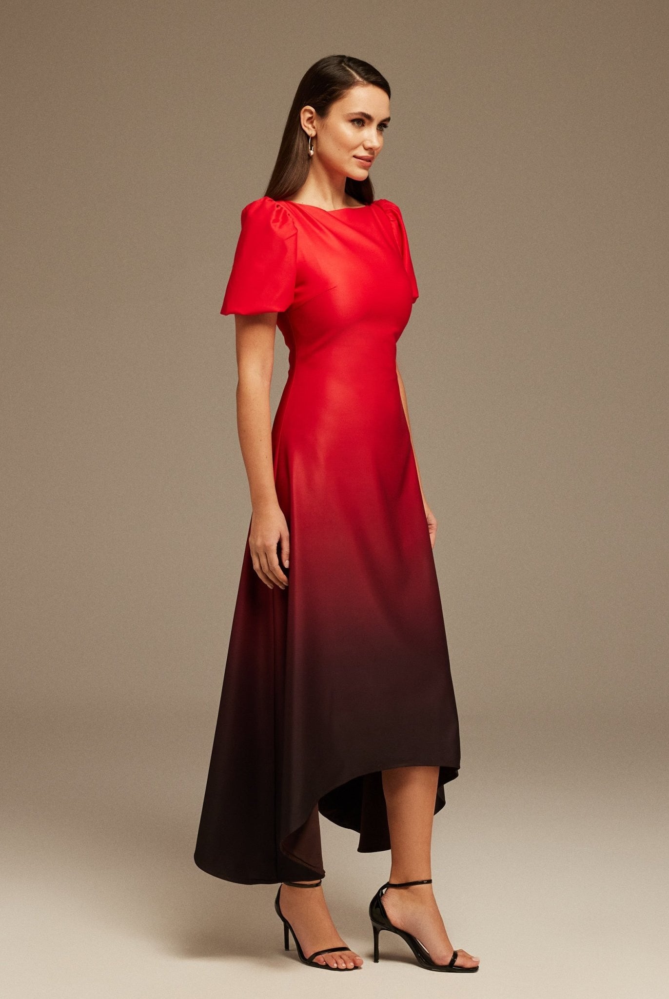 Puff Short Sleeve Crepe Asymmetrical Midi Dress - shopaleena