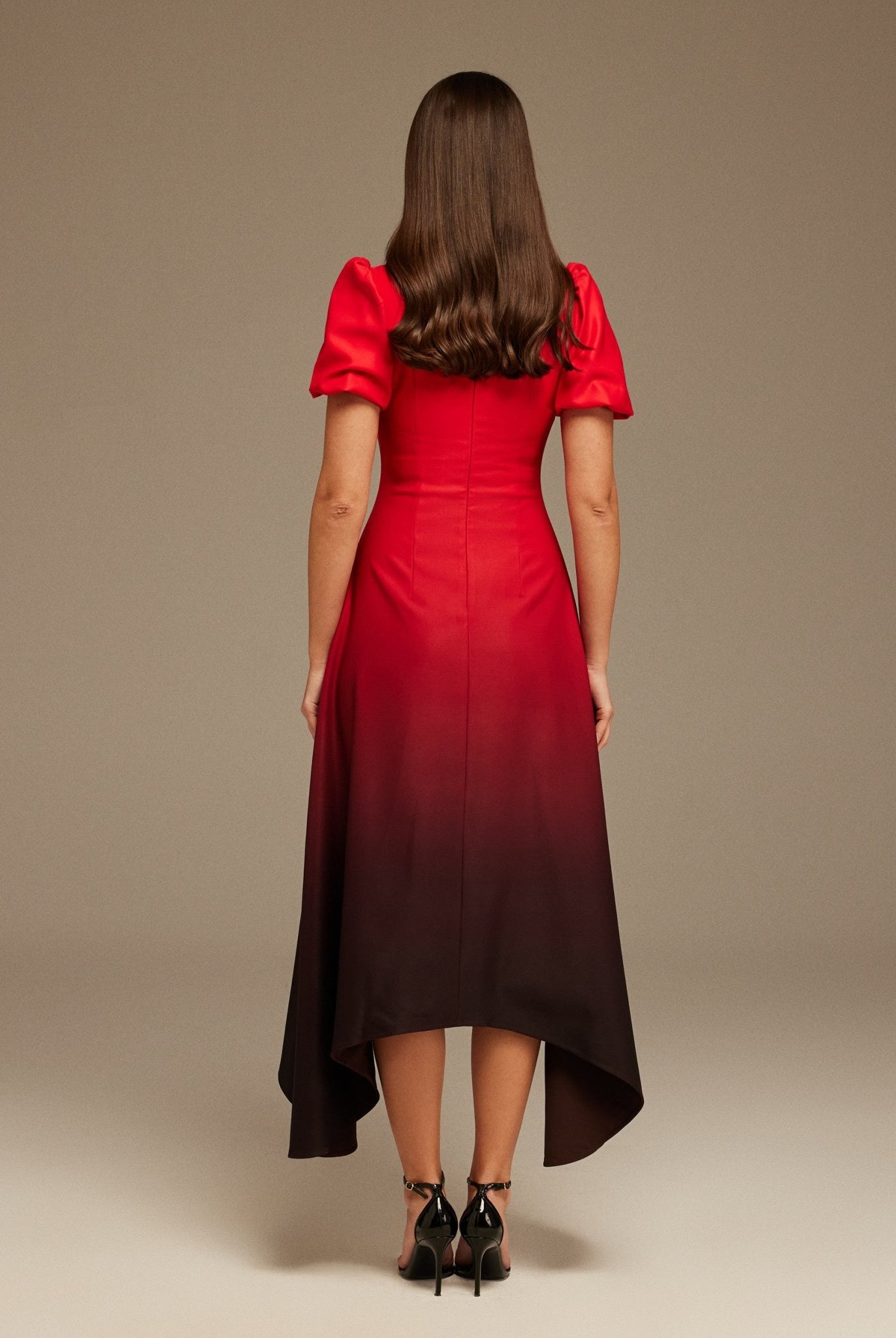 Puff Short Sleeve Crepe Asymmetrical Midi Dress - shopaleena