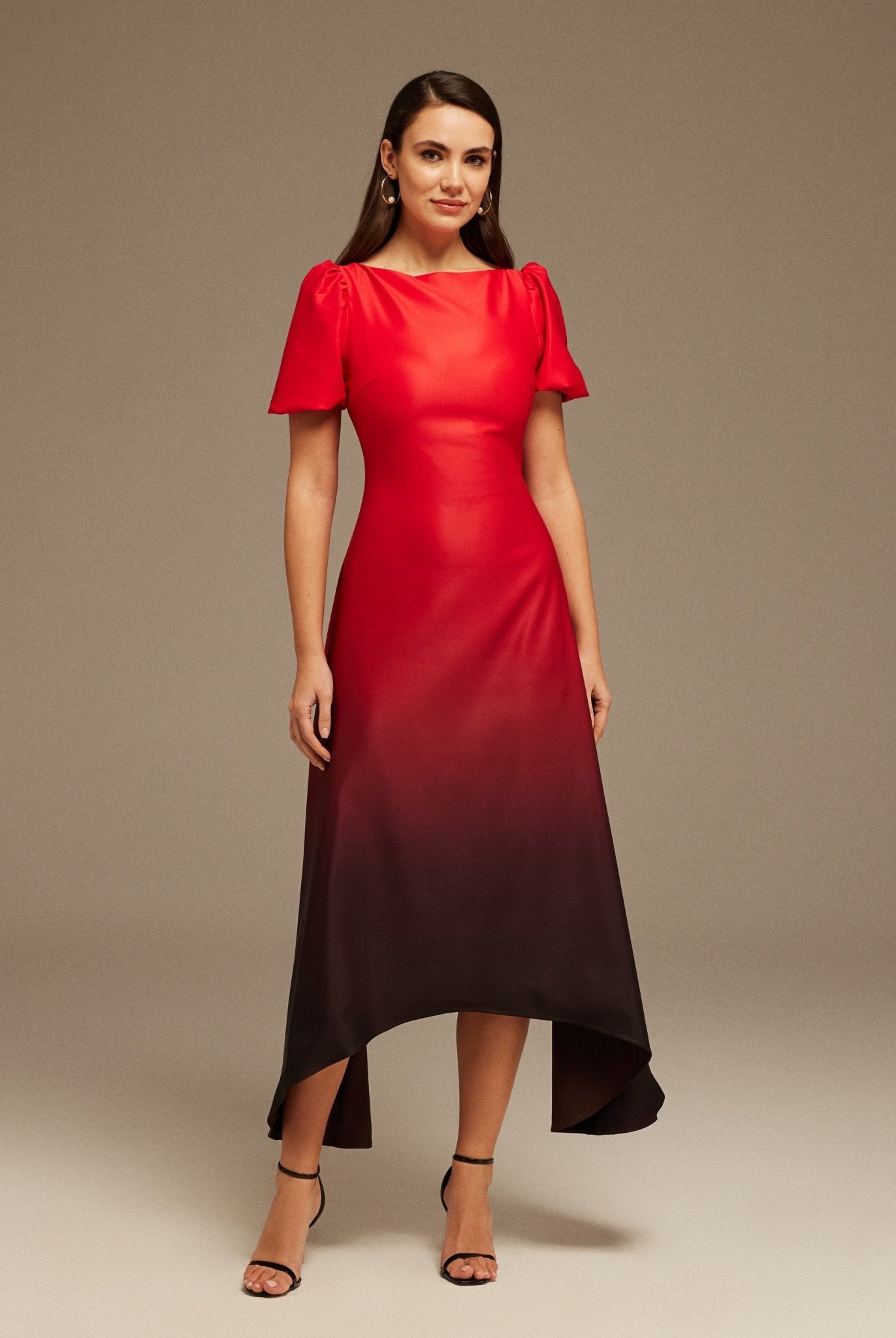 Puff Short Sleeve Crepe Asymmetrical Midi Dress - shopaleena