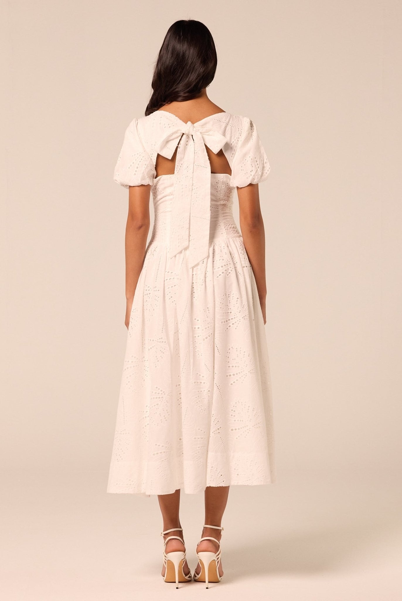Puff Sleeve A-line Lace Midi Dress - shopaleena