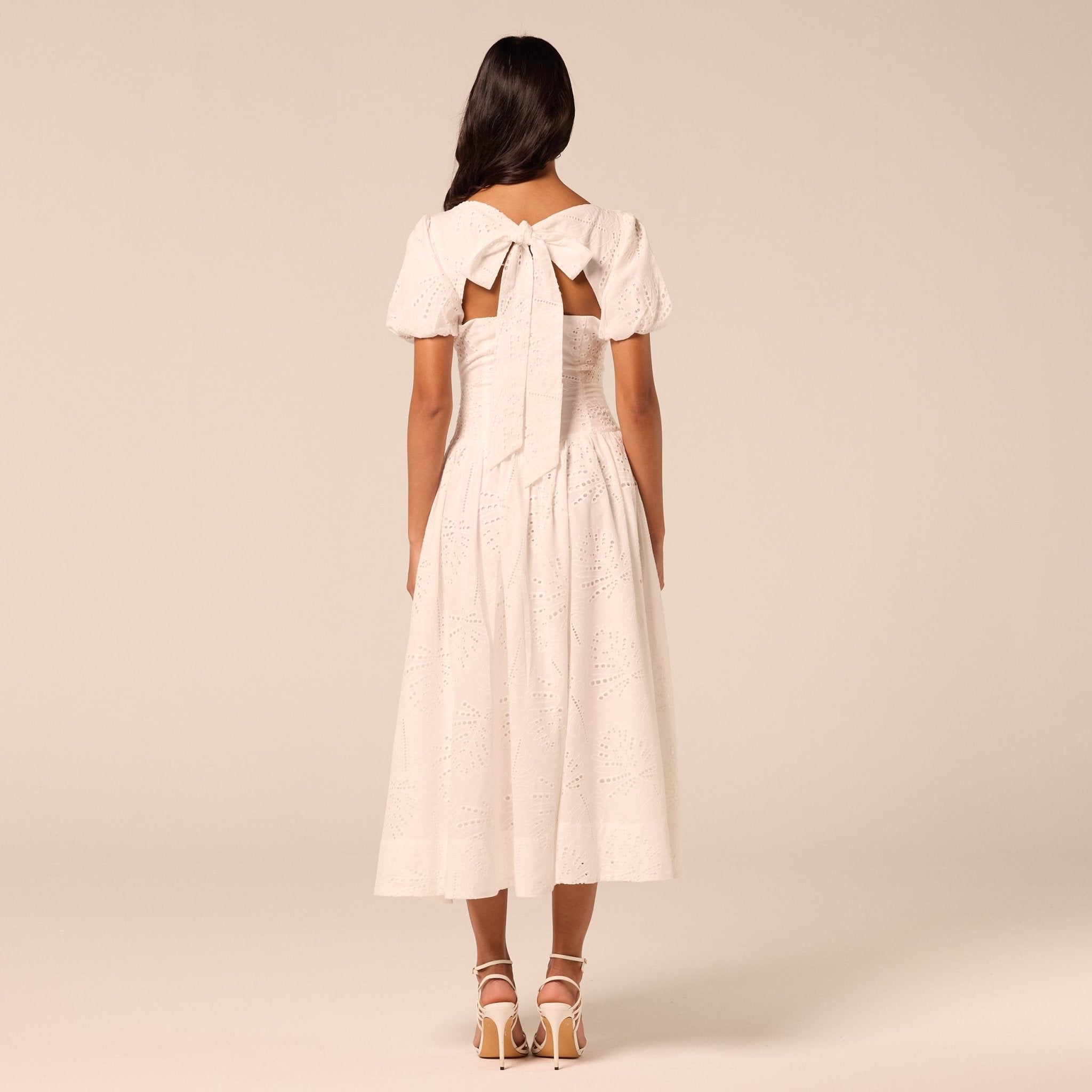 Puff Sleeve A-line Lace Midi Dress - shopaleena