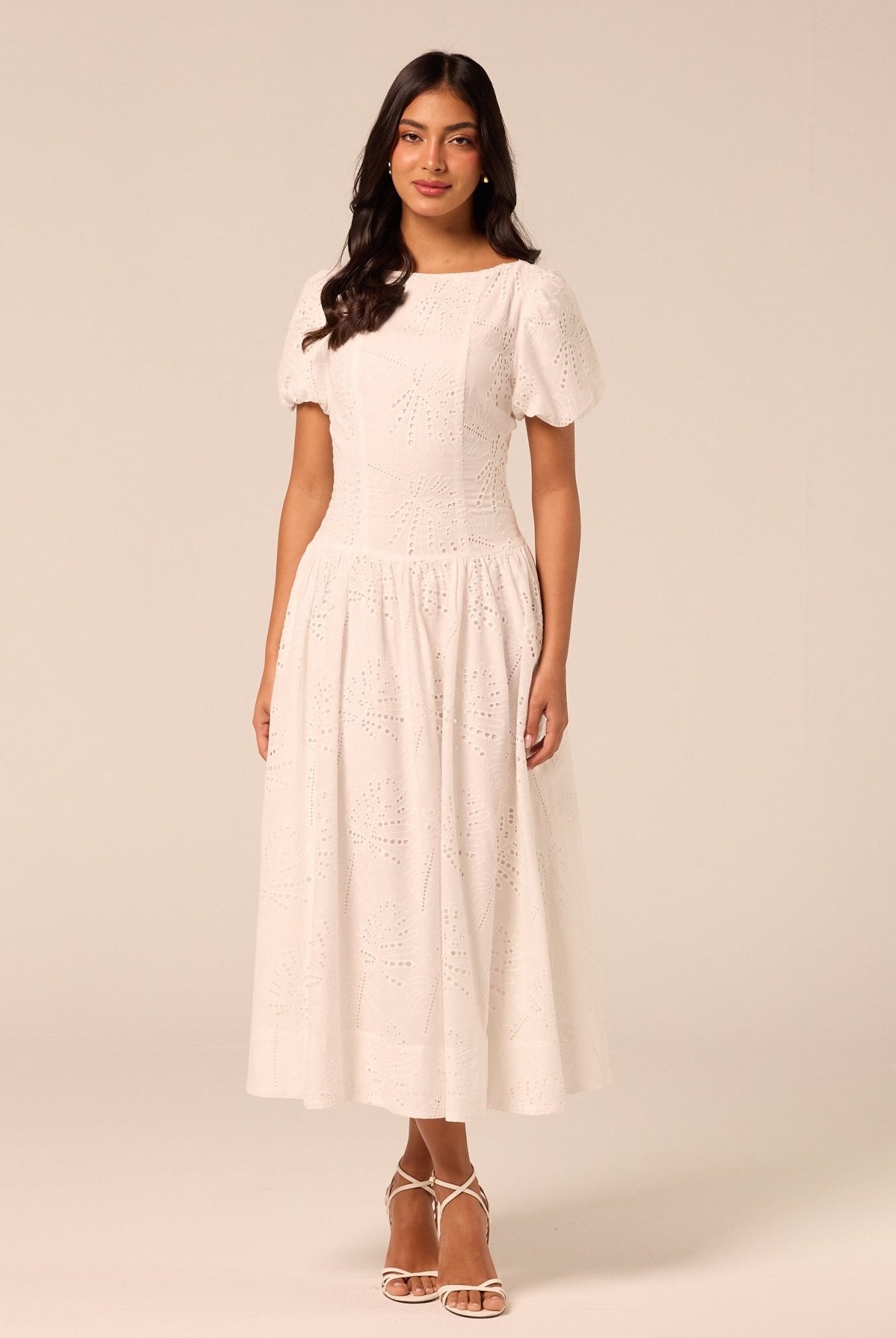 Puff Sleeve A-line Lace Midi Dress - shopaleena
